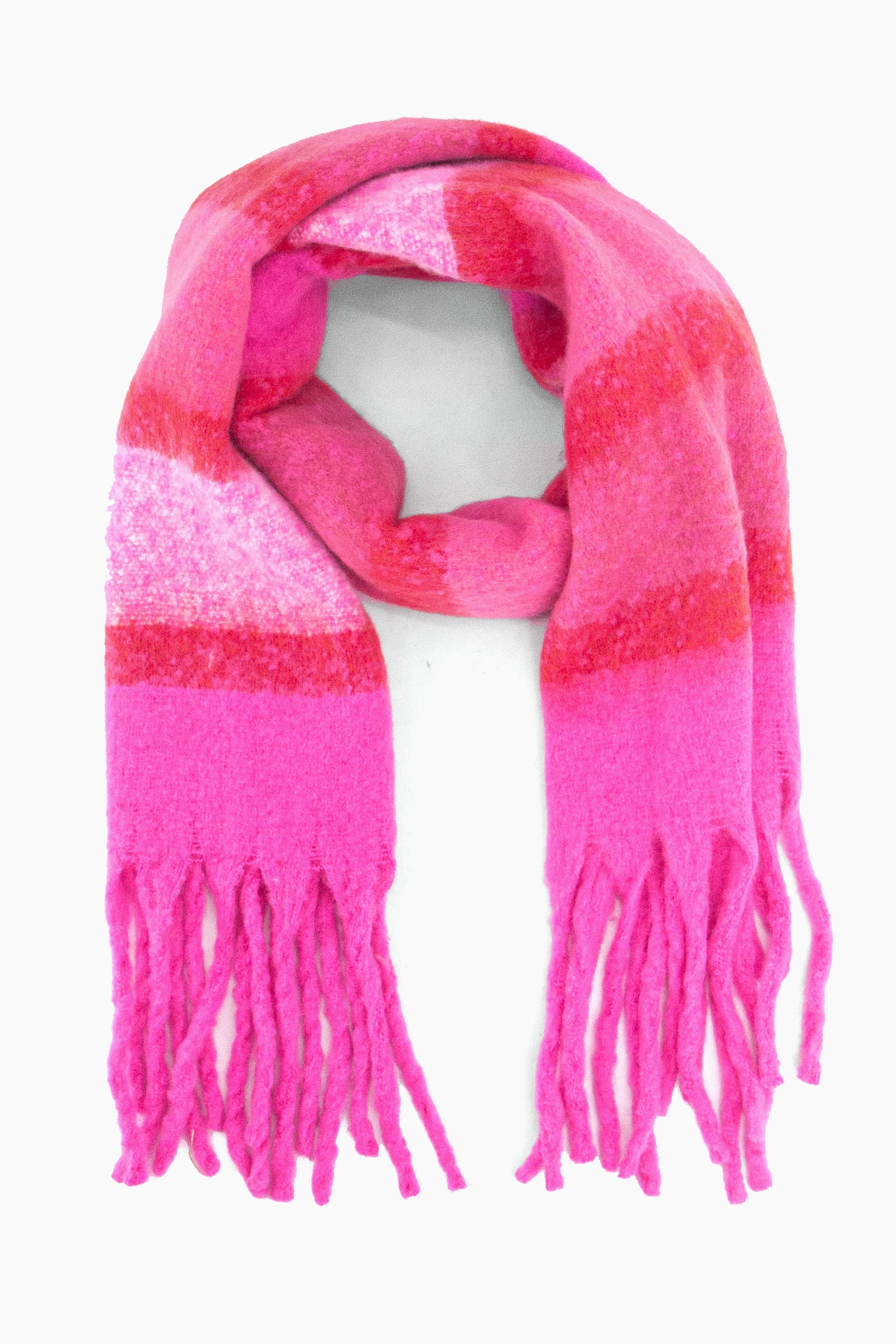 fuchsia pink colour block striped heavyweight winter scarf with green tasselled edges