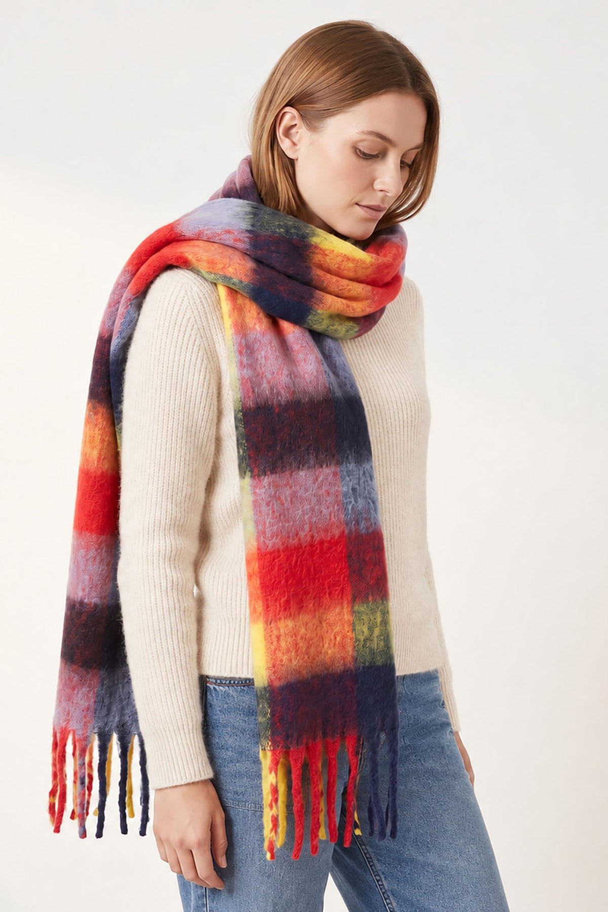 Allie-Heavyweight-Scarf-Red/Multi- Colourblock-Square