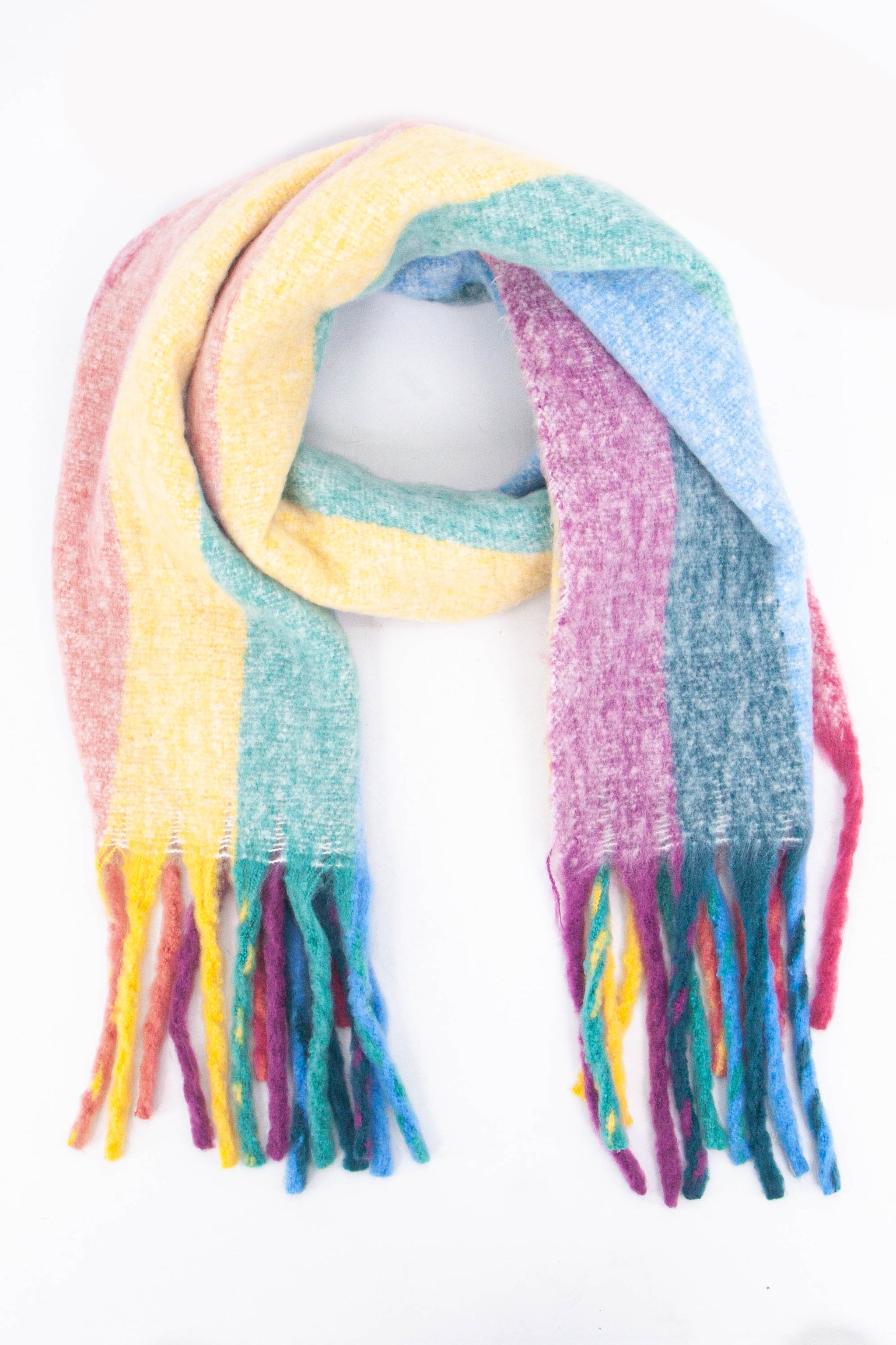 multicoloured striped rainbow winter scarf with colourful tassels