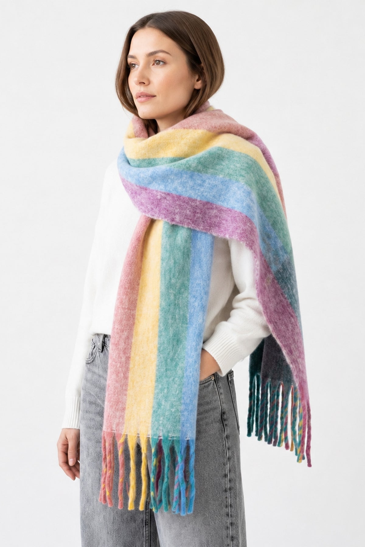 multicoloured striped rainbow winter scarf with colourful tassels