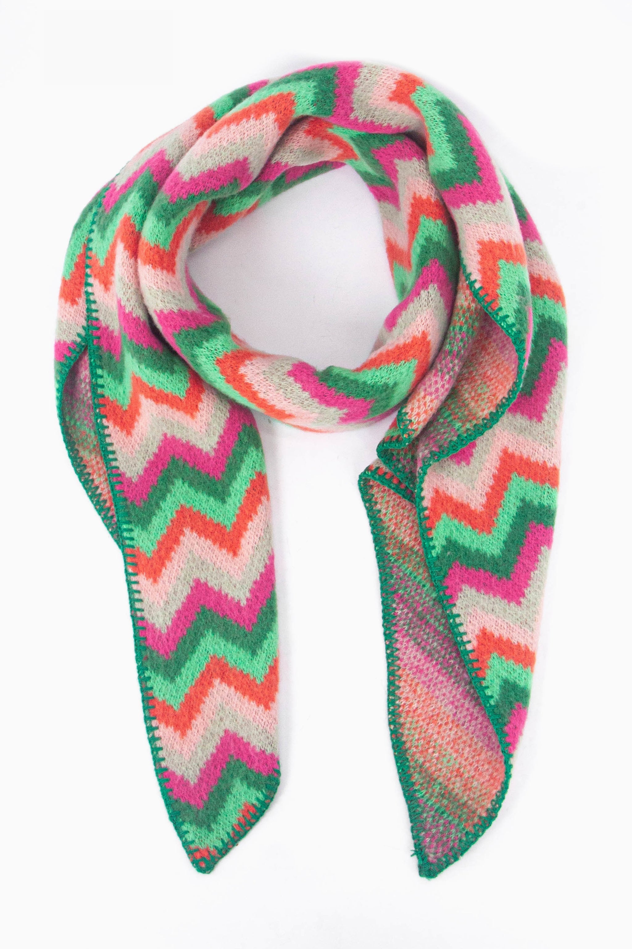 green and pink zig zag pattern asymmetric winter scarf