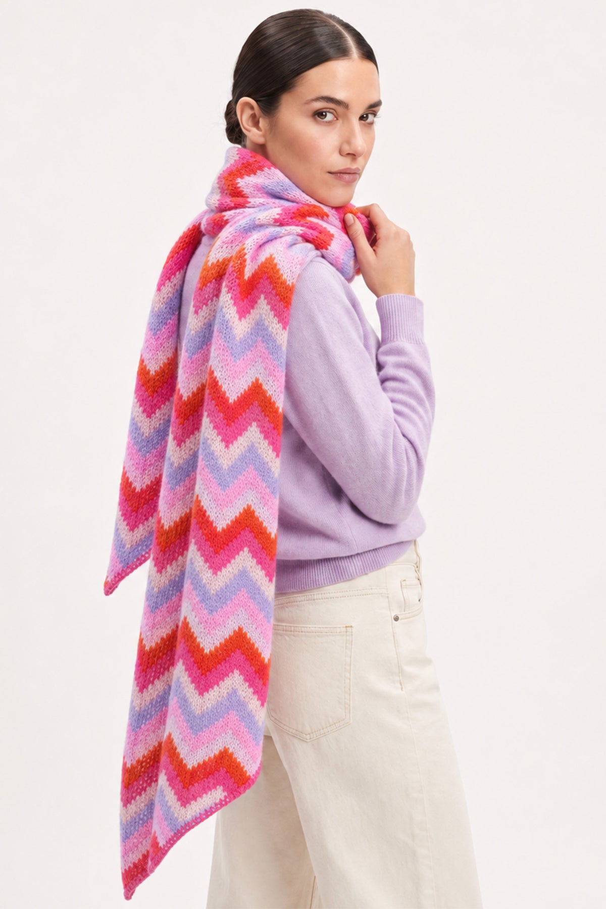 lilac and pink zig zag pattern asymmetric winter scarf