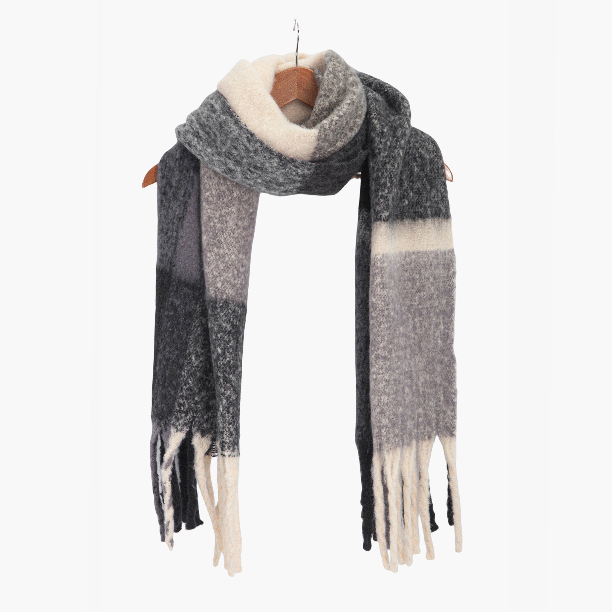 yara-black-square-colour-block-heavyweight-scarf-draped-on-coat-hanger