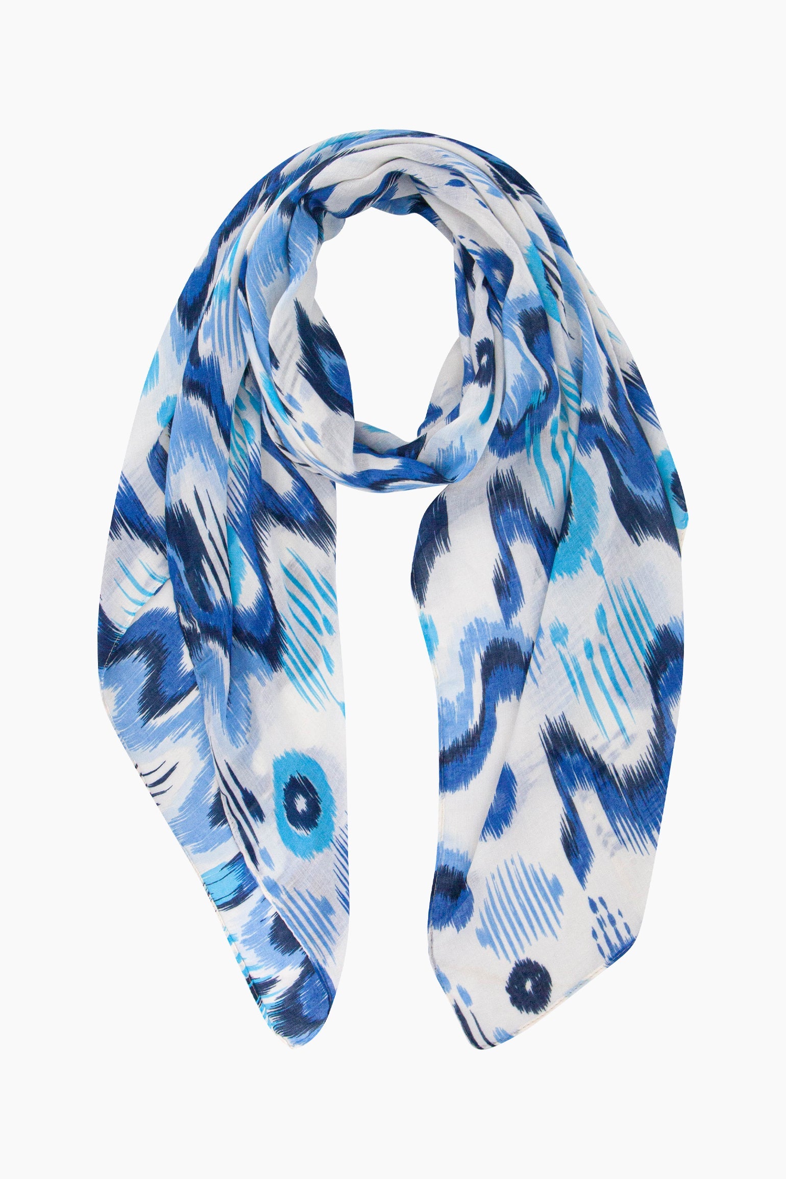 Ikat-Print-Lightweight-Scarf-in-Blue-Front