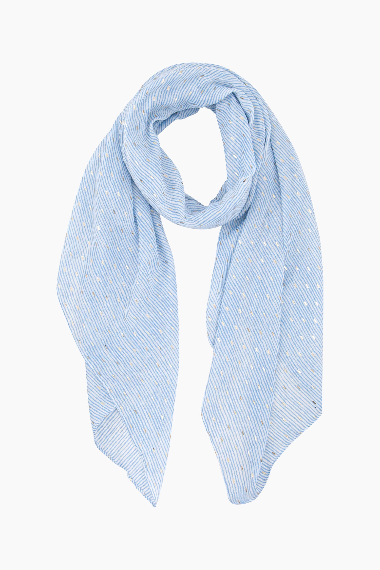 Gold-Matchstick-Print-Lightweight-Scarf-in-Blue-Front