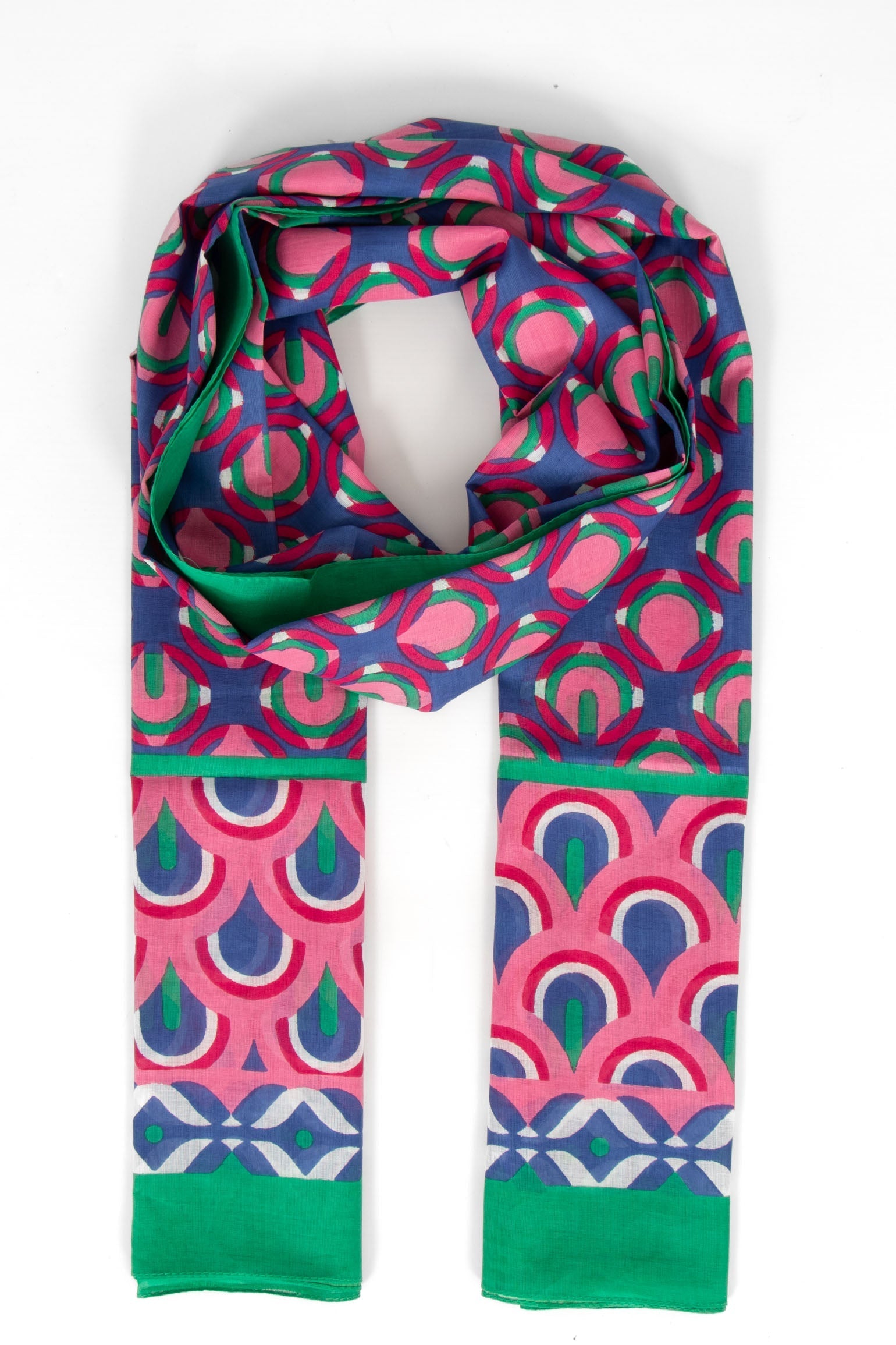 dahlia-lightweight-cotton-scarf-green-pink-retro-geometric-print-bordered-vintage-pattern