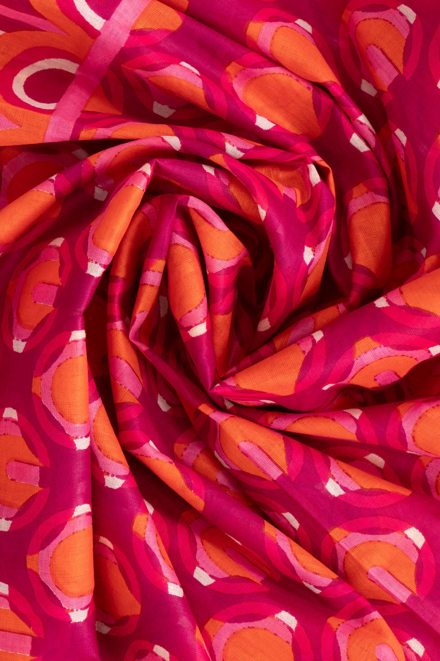 dahlia-lightweight-cotton-scarf-hot-pink-orange-retro-geometric-print-close-up-soft-material