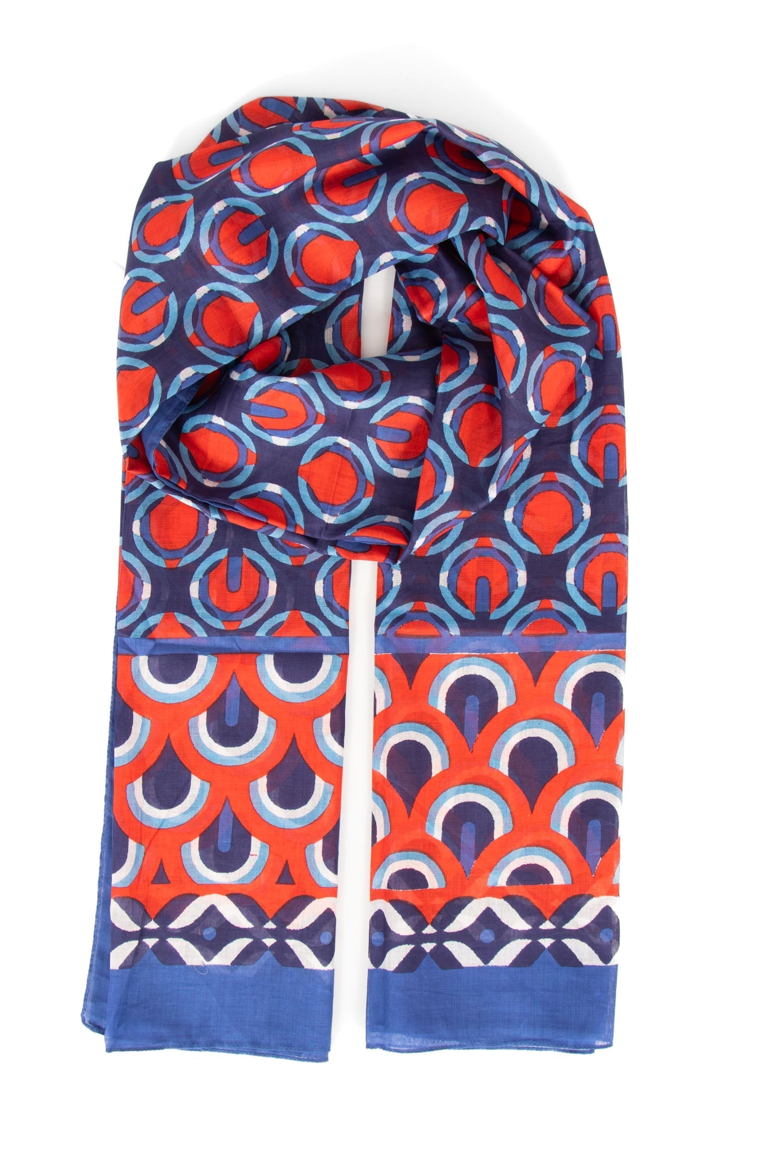 dahlia-lightweight-cotton-scarf-navy-blue-red-retro-geometric-print-bordered-bold-pattern