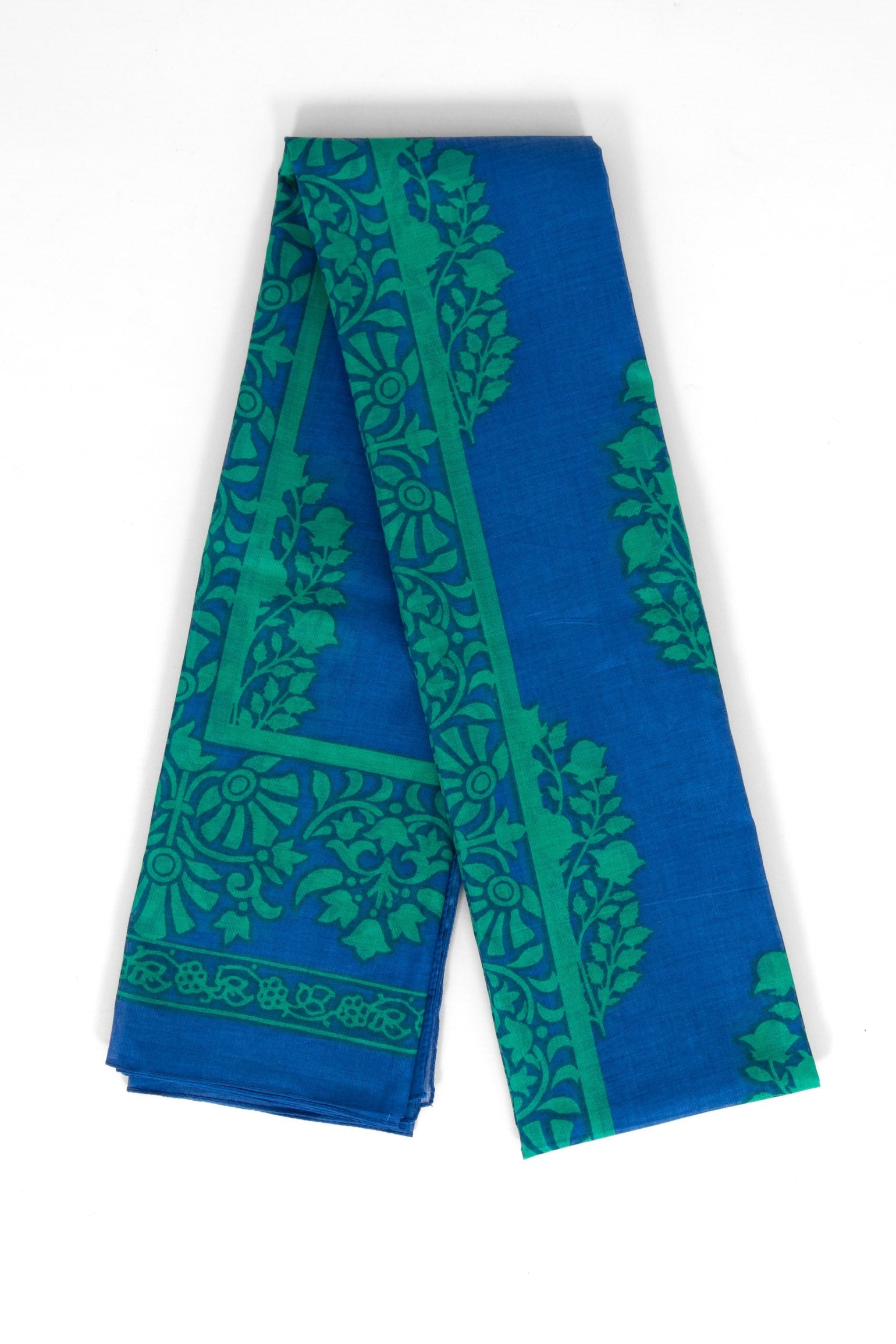 rue-lightweight-cotton-scarf-blue-green-leaf-print-folded-patterned-border