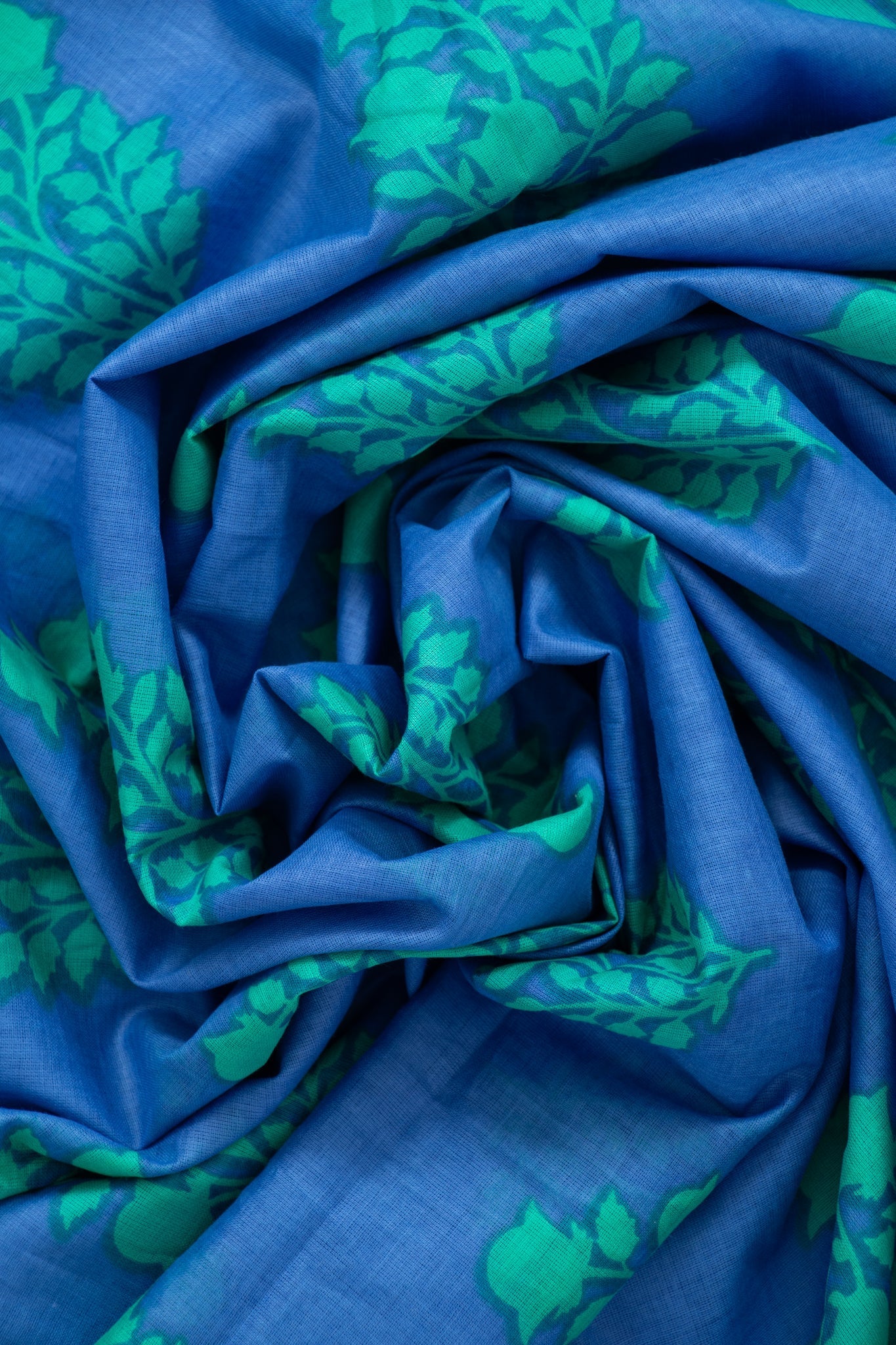 rue-lightweight-cotton-scarf-blue-green-leaf-print-close-up-soft-material