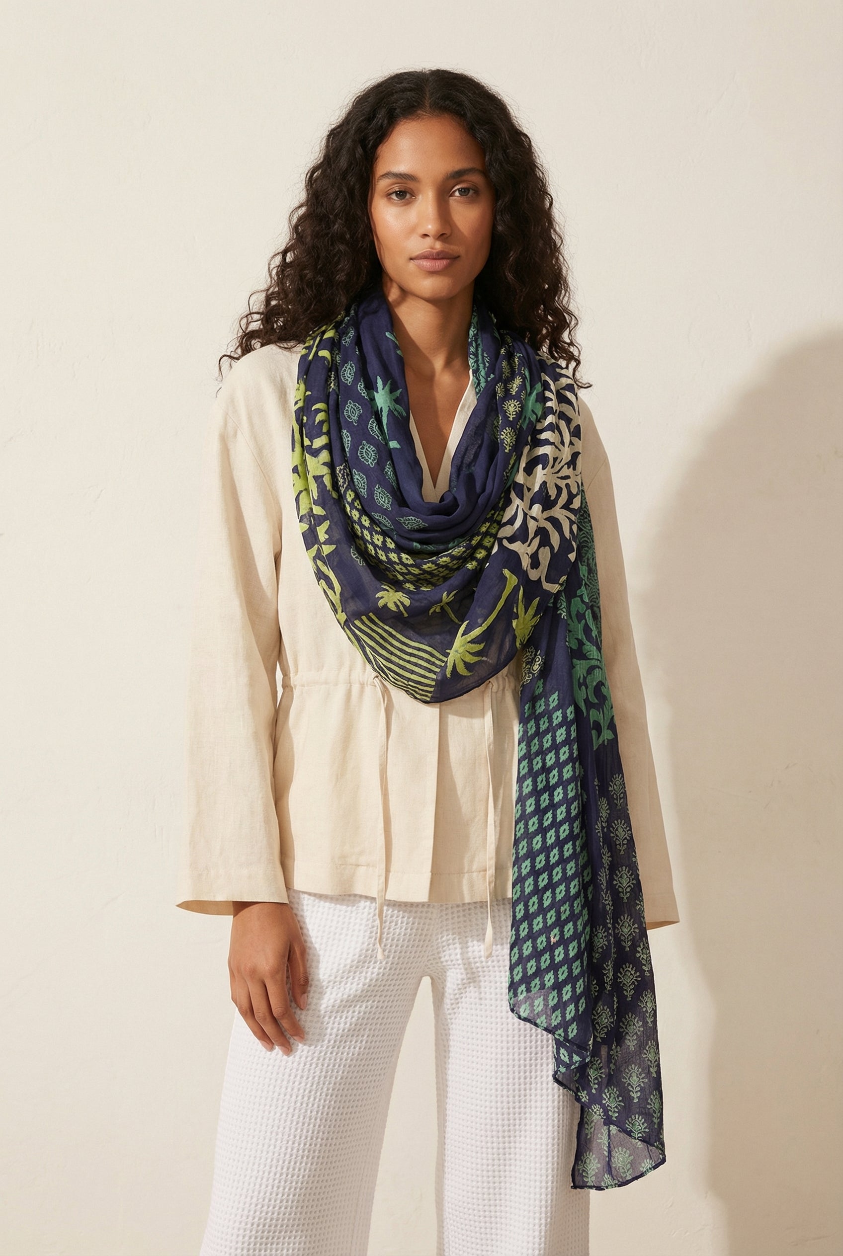 Blue-palm-tree-print-cotton-scarf