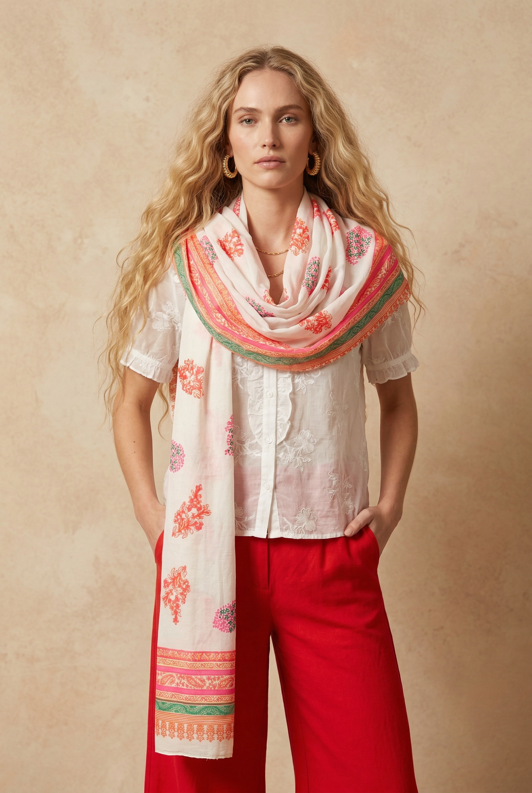 Orange-paisley-and-leaf-print-cotton-scarf