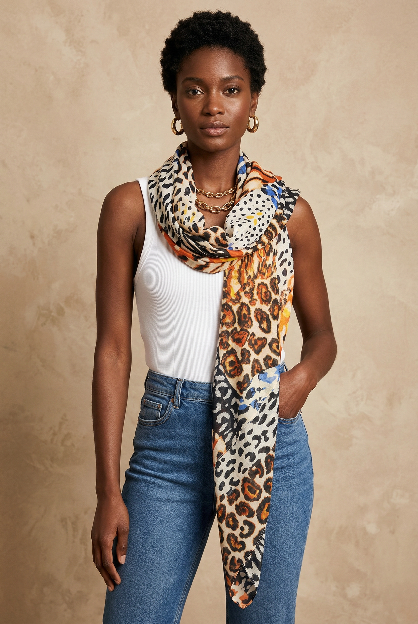 Neutral-and-orange-animal-print-scarf