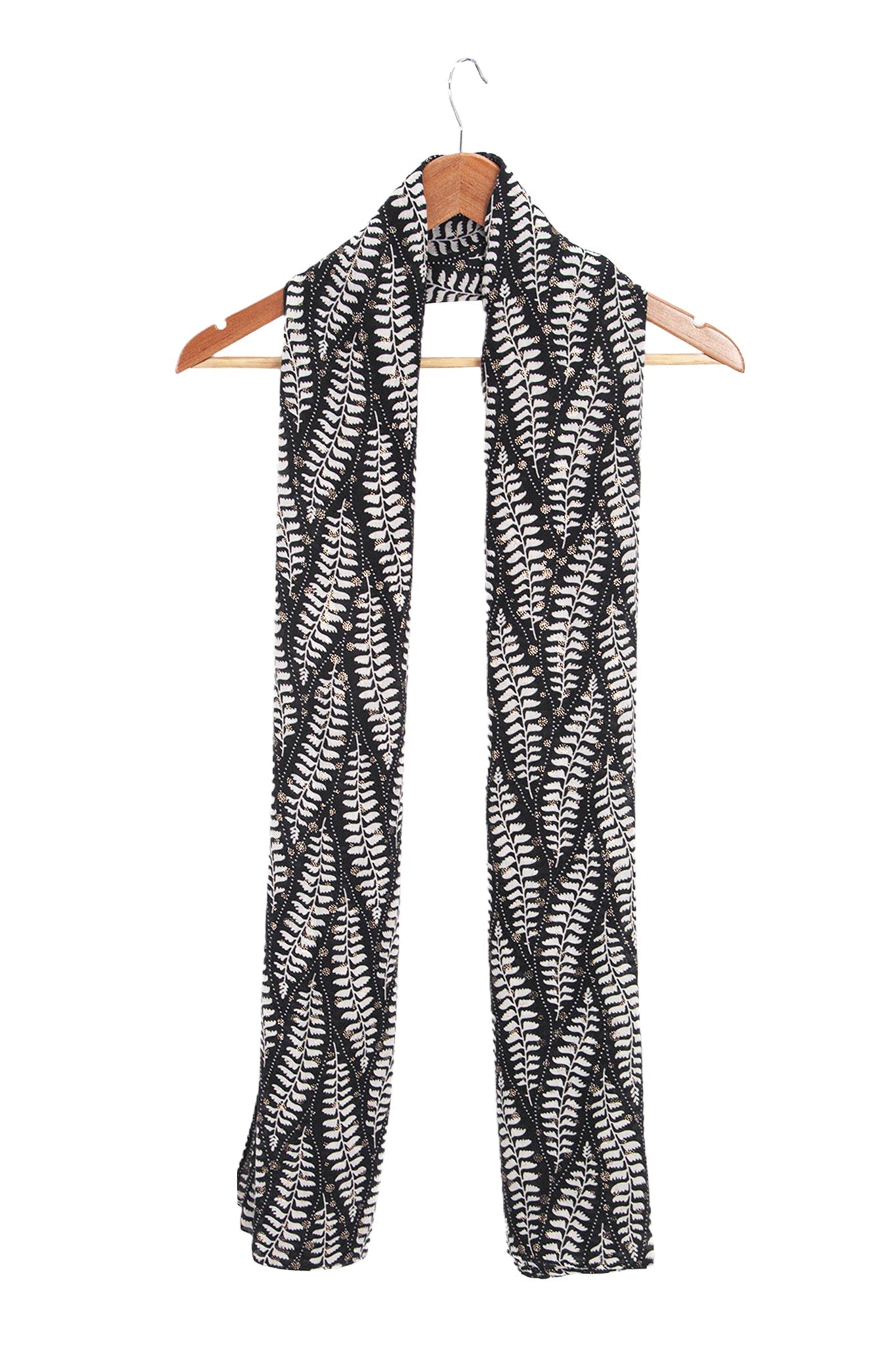 clover-black-fern-leaf-lightweight-scarf-draped-length-long