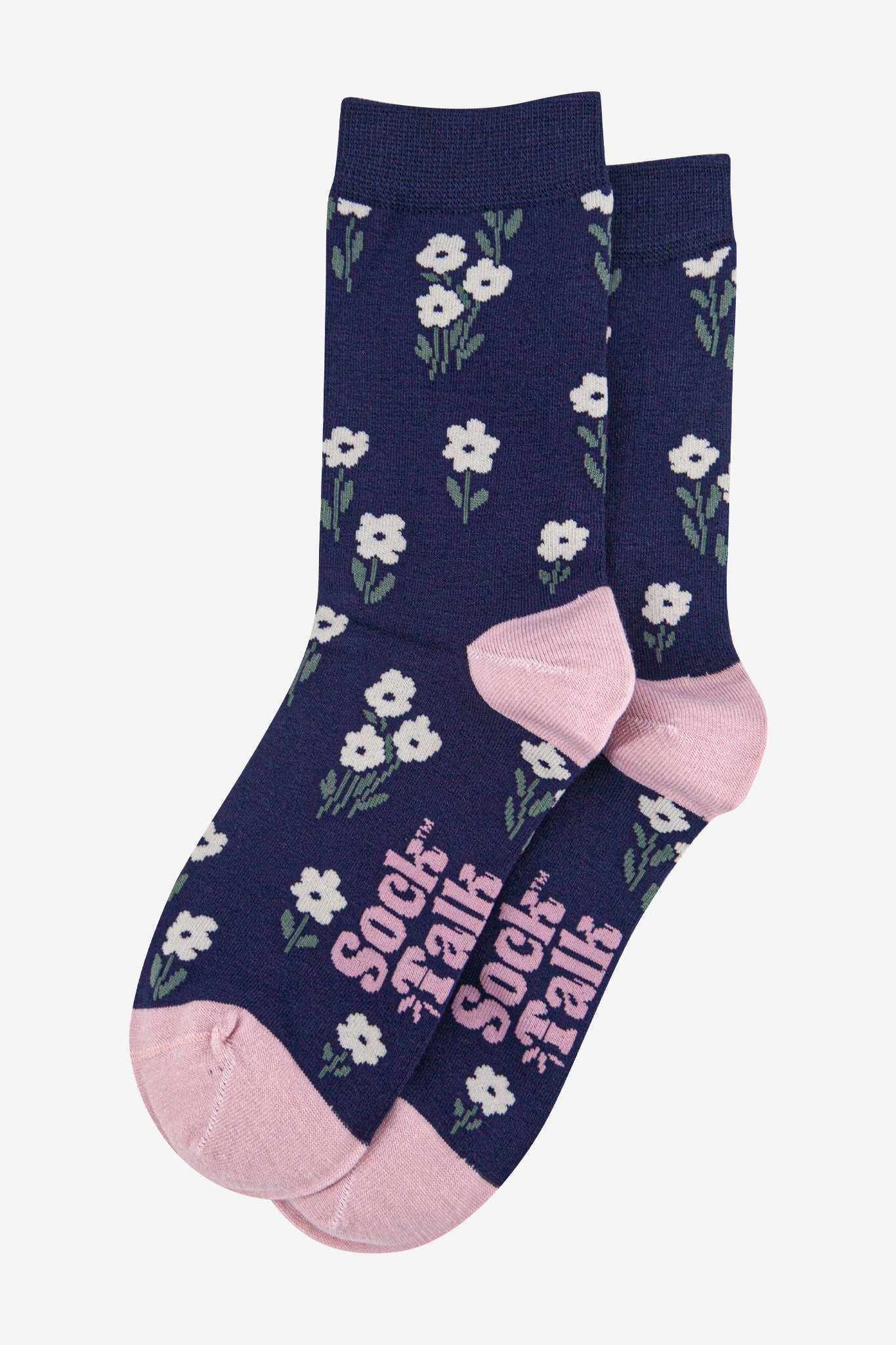 womens-bamboo-socks-navy-blue-dusty-pink-ditsy-floral-laying-flat