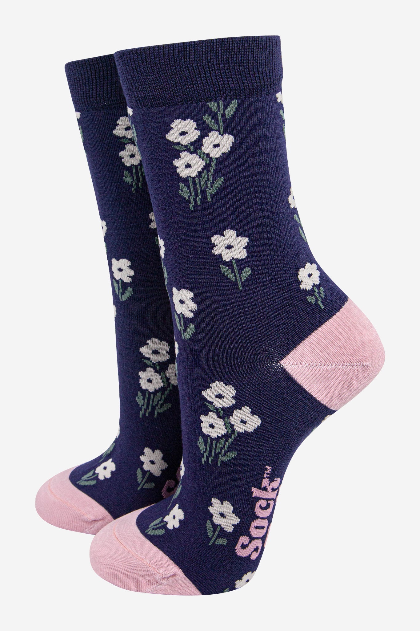 womens-bamboo-socks-navy-blue-dusty-pink-ditsy-floral-print