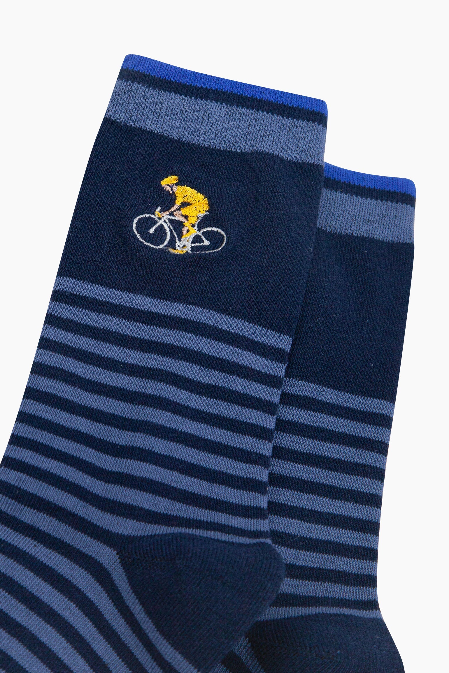 Embroidered-Cyclist-Striped-Combed-Cotton-Socks-in-Blue-Closeup