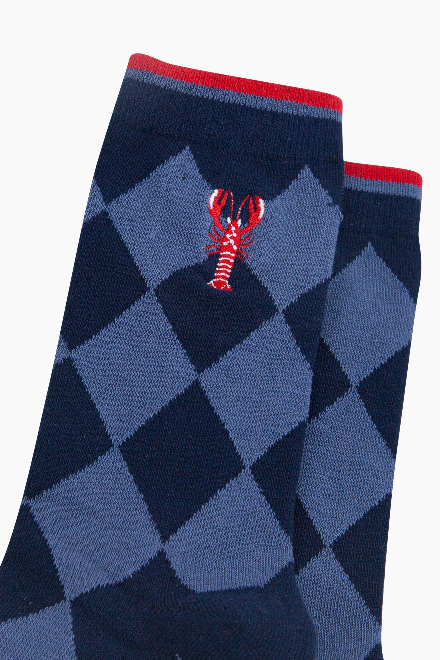 Embroidered-Lobster-Argyle-Combed-Cotton-Socks-in-Navy-Blue-Closeup