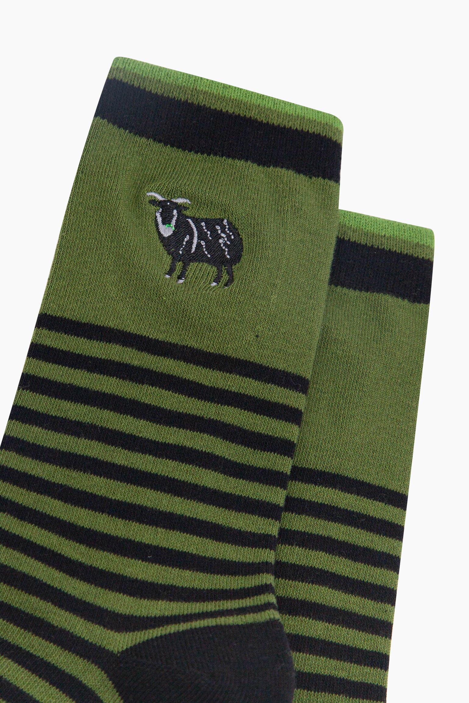 Embroidered-Black-Sheep-Striped-Combed-Cotton-Socks-in-Green-Closeup