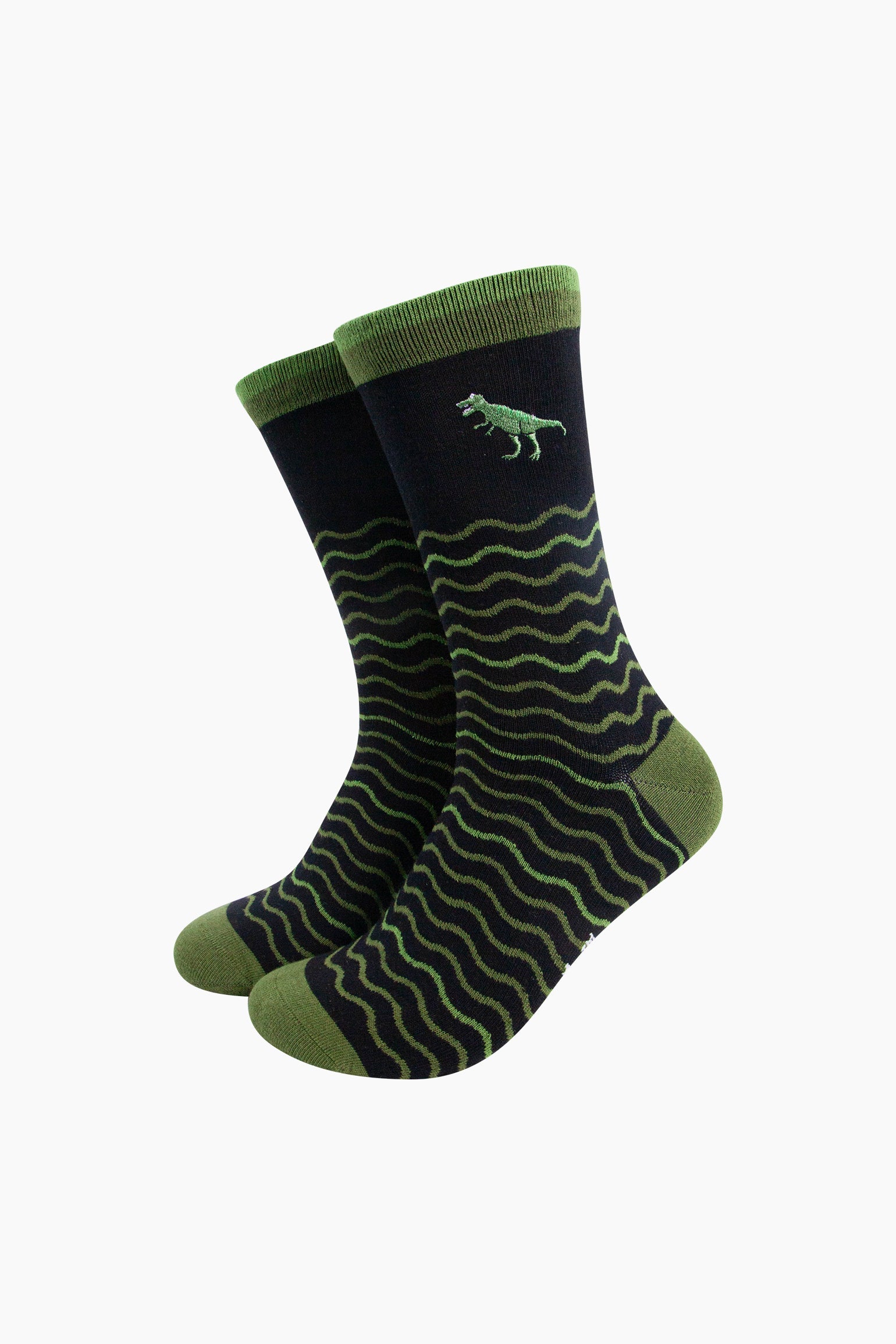 Embroidered-T-Rex-Wavy-Striped-Combed-Cotton-Socks-in-Black/Green-Mannequin