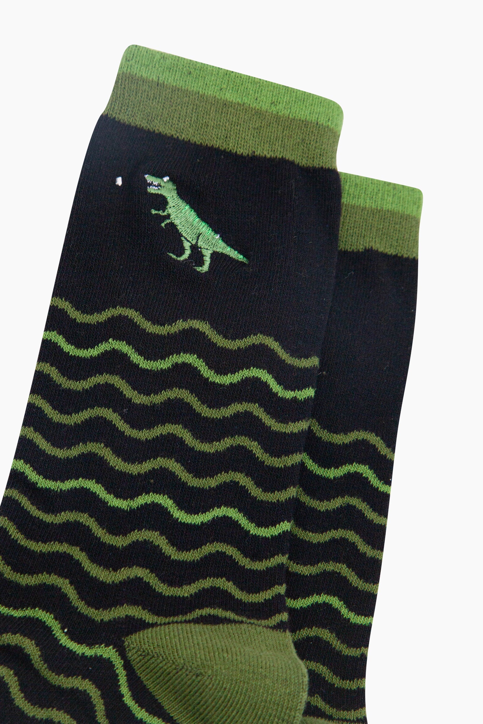Embroidered-T-Rex-Wavy-Striped-Combed-Cotton-Socks-in-Black/Green-Closeup