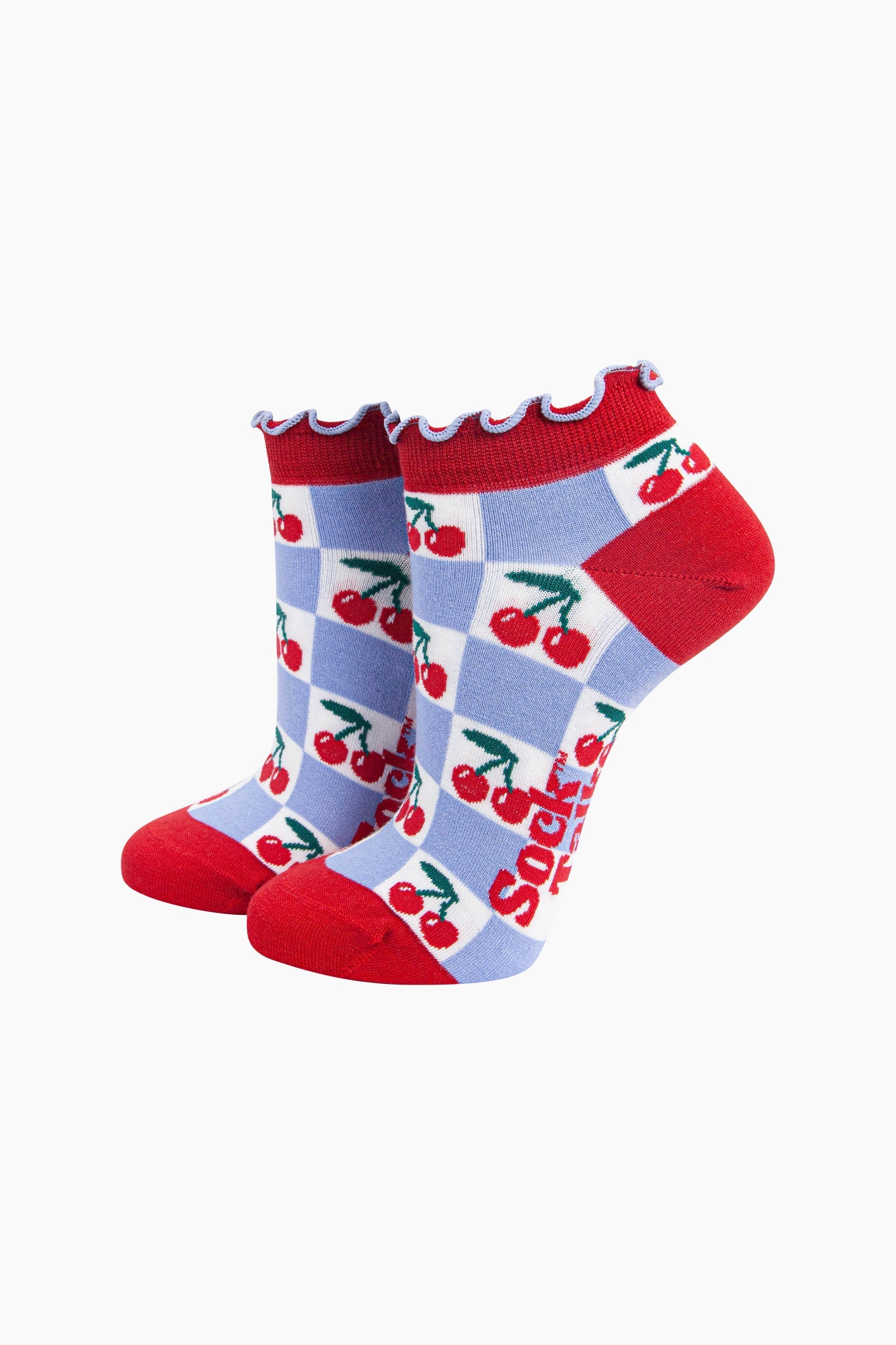 Cherry-Checkerboard-Bamboo-Trainer-Socks-in-Blue-On-Mannequin