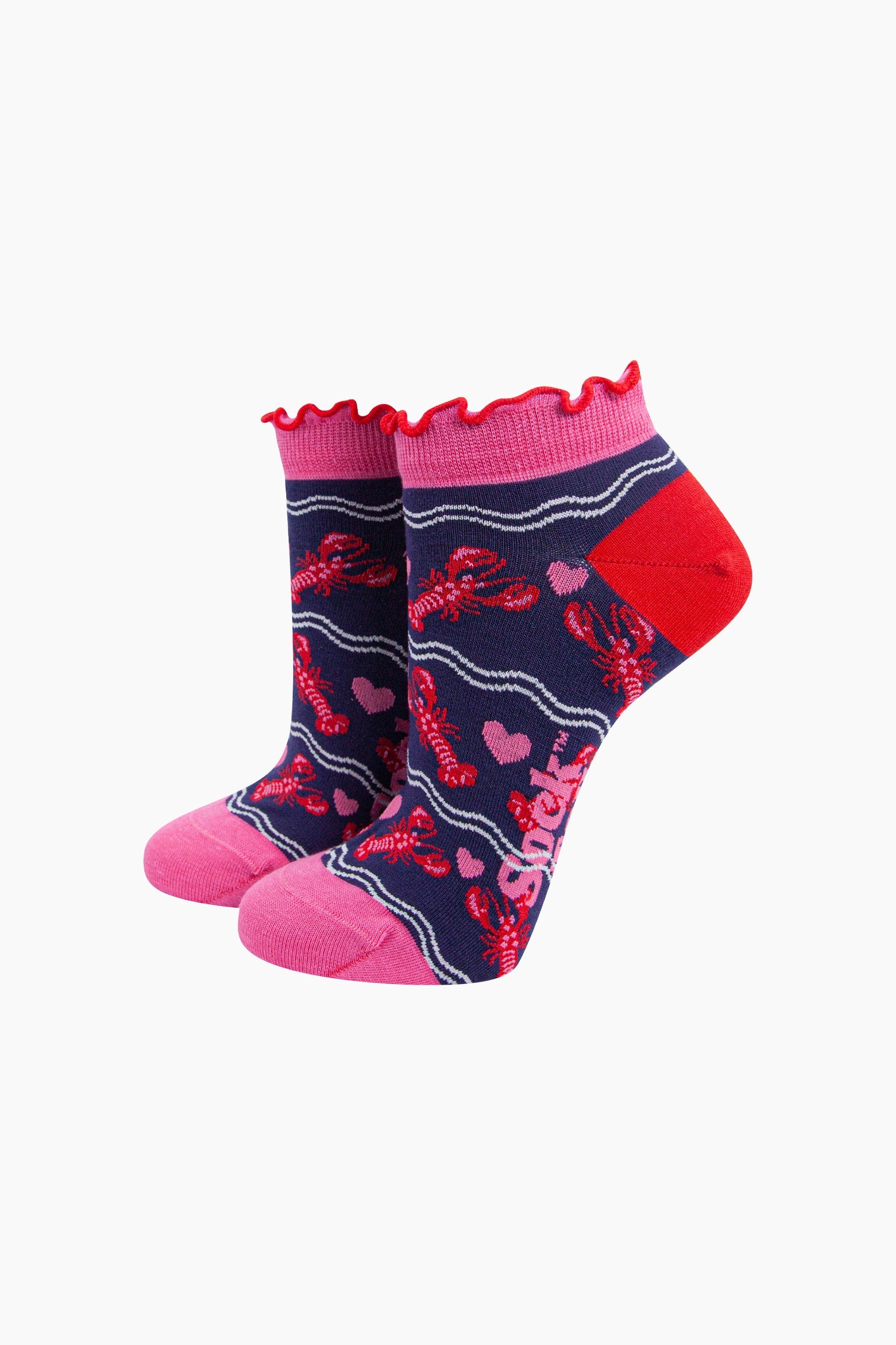 Lobsters-in-Love-Bamboo-Trainer-Socks-in-Navy-Blue-On-Mannequin