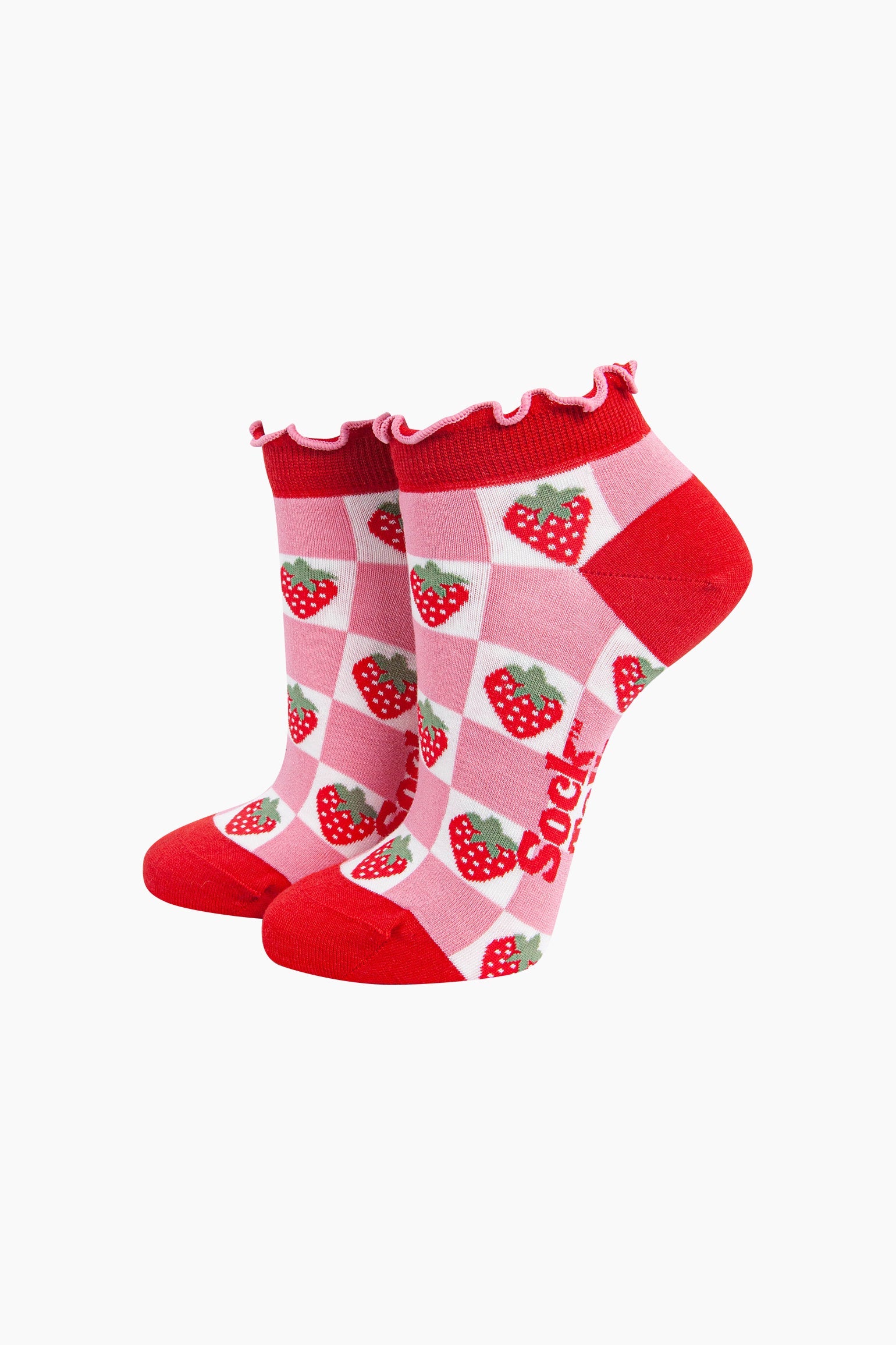 Strawberry-Checkerboard-Bamboo-Trainer-Socks-in-Red-On-Mannequin