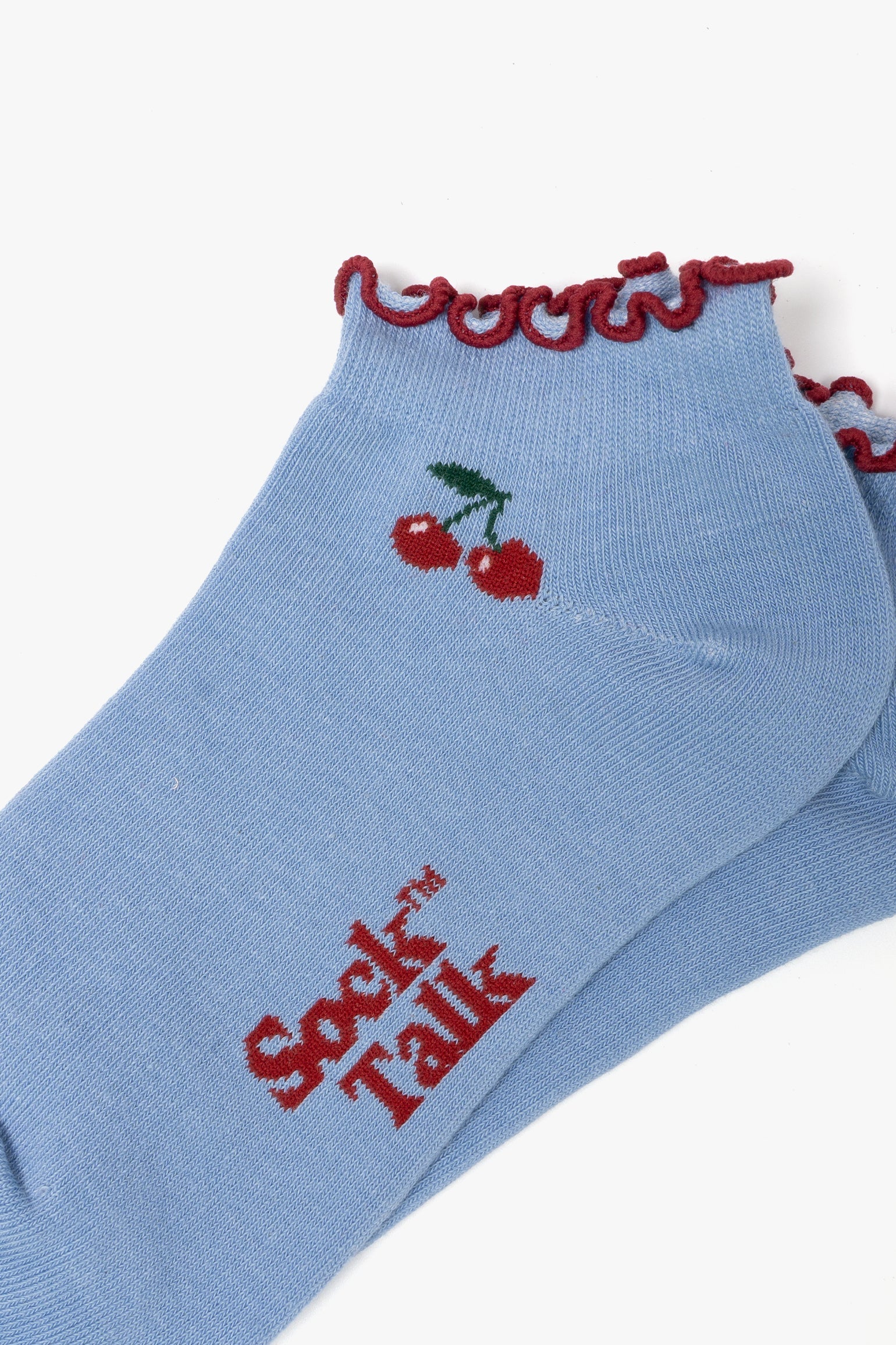 Cherry-Frilled-Cuff-Combed-Cotton-Trainer-Socks-in-Blue-Closeup