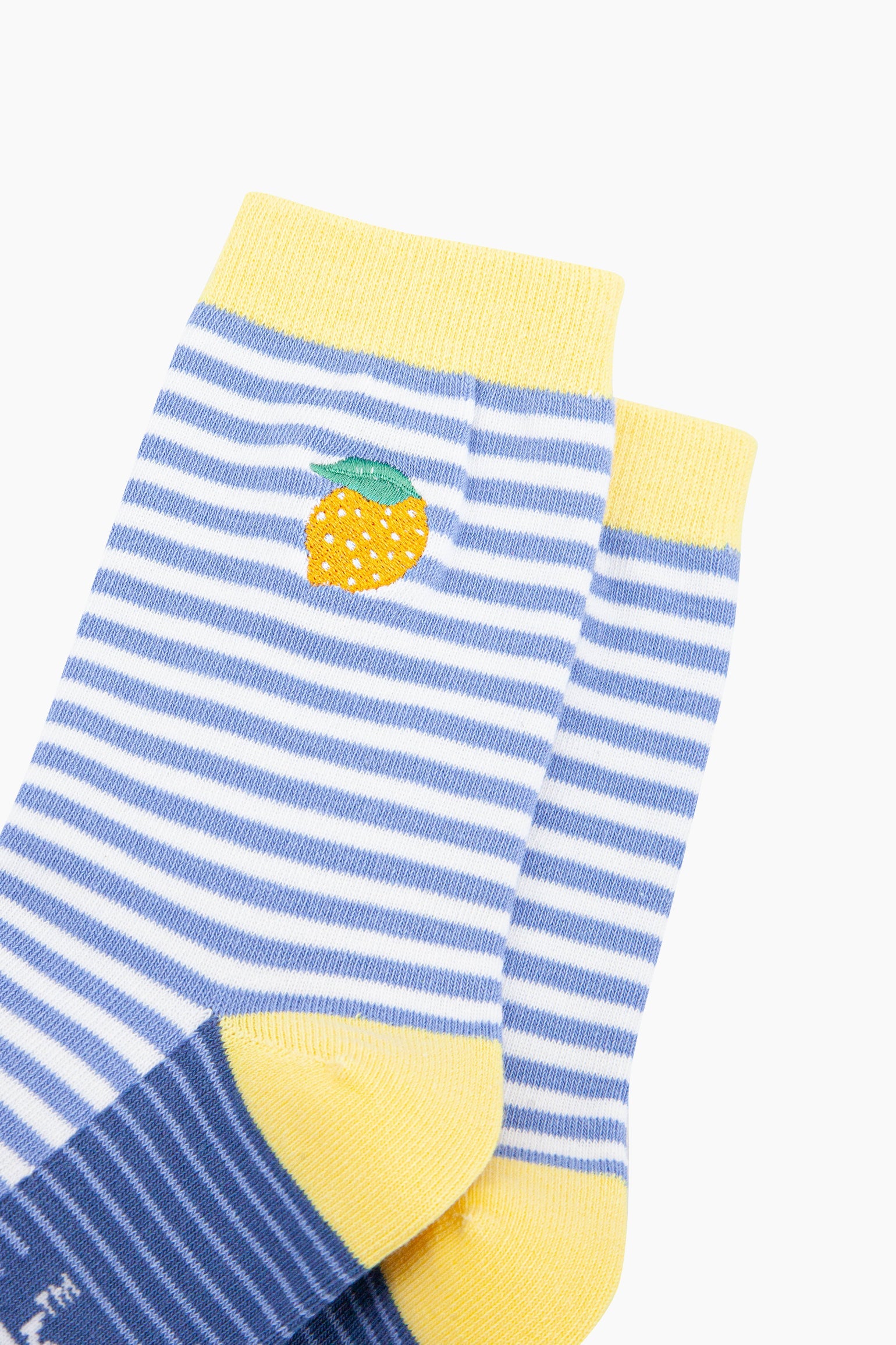 Embroidered-Lemon-Striped-Combed-Cotton-Socks-in-Blue-Closeup