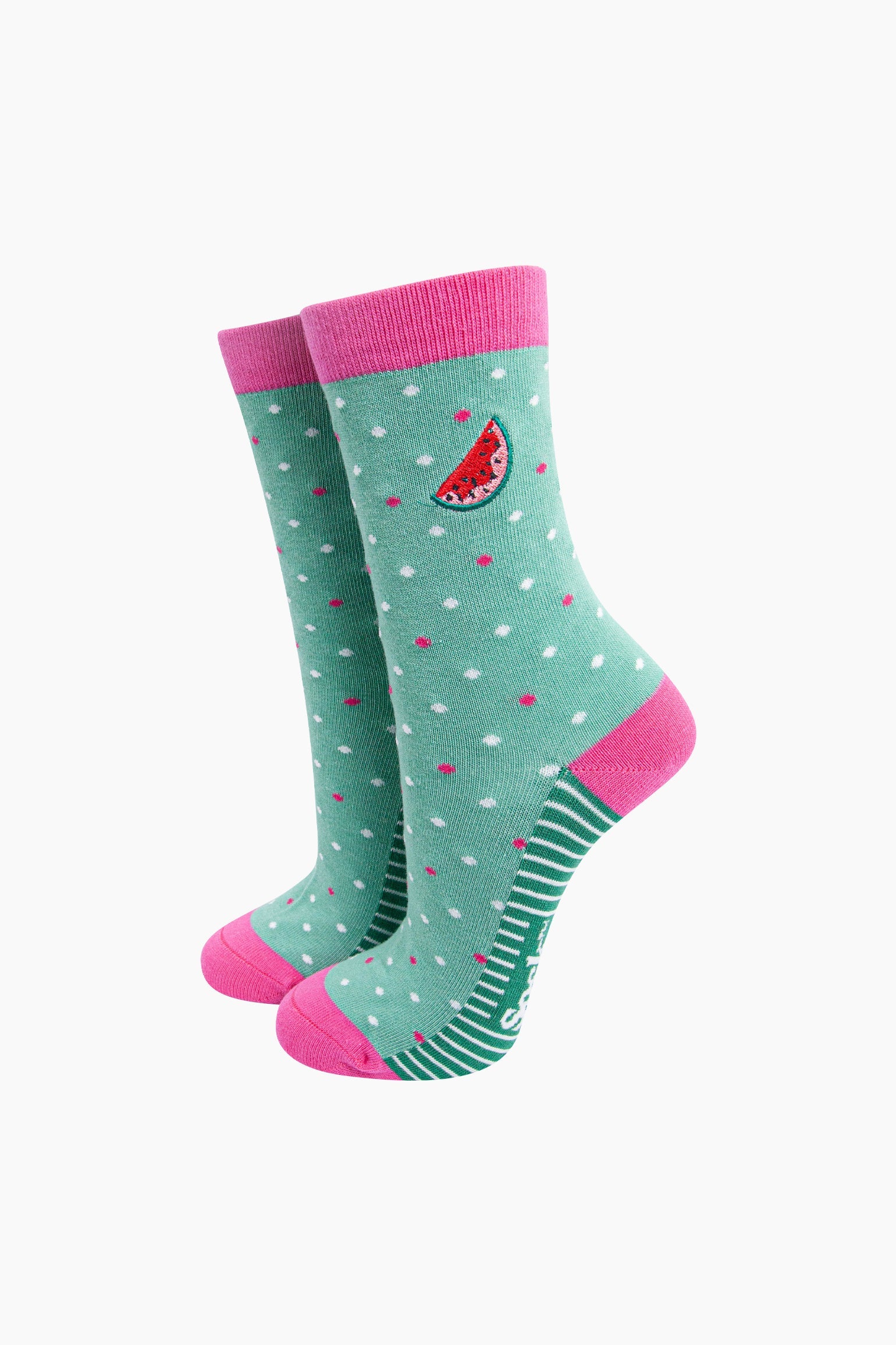 Embroidered-Watermelon-Combed-Cotton-Socks-in-Mint/Pink-Mannequin