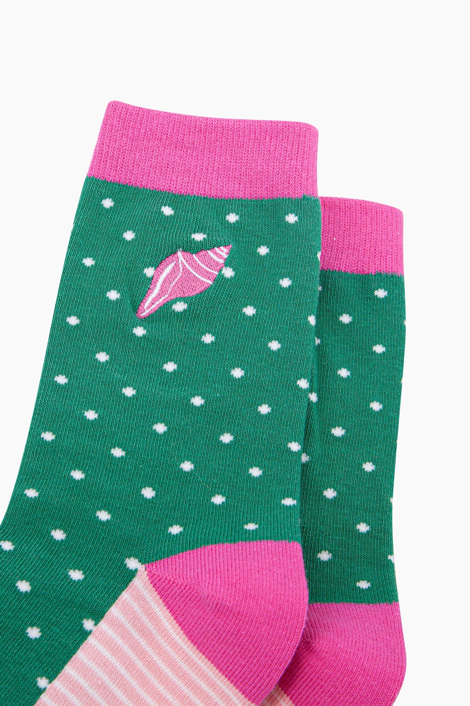 Embroidered-Conch-Shell-Combed-Cotton-Socks-in-Green-Pink-Closeup