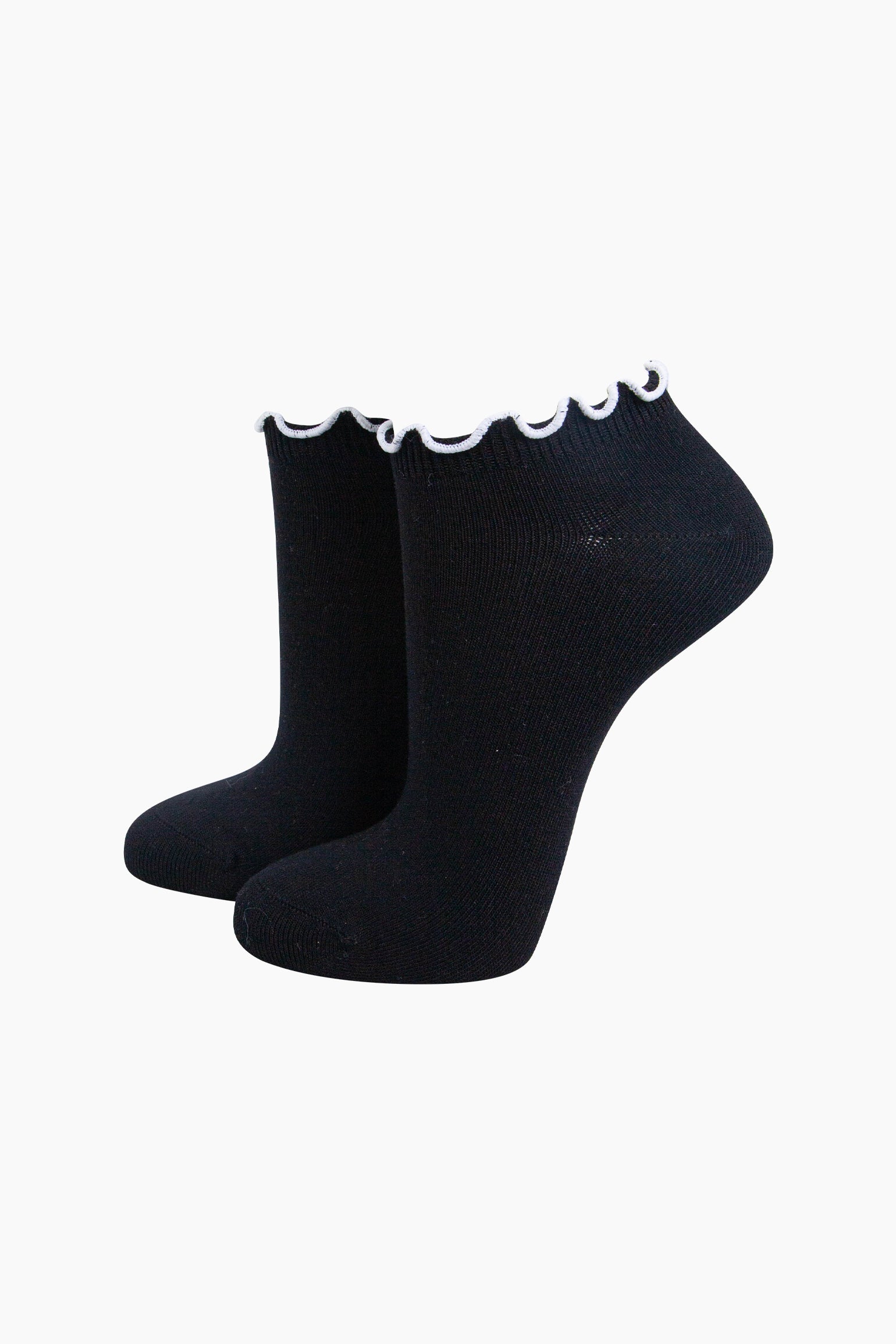Frilly-Trim-Bamboo-Trainer-Socks-in-Black-White-Mannequin