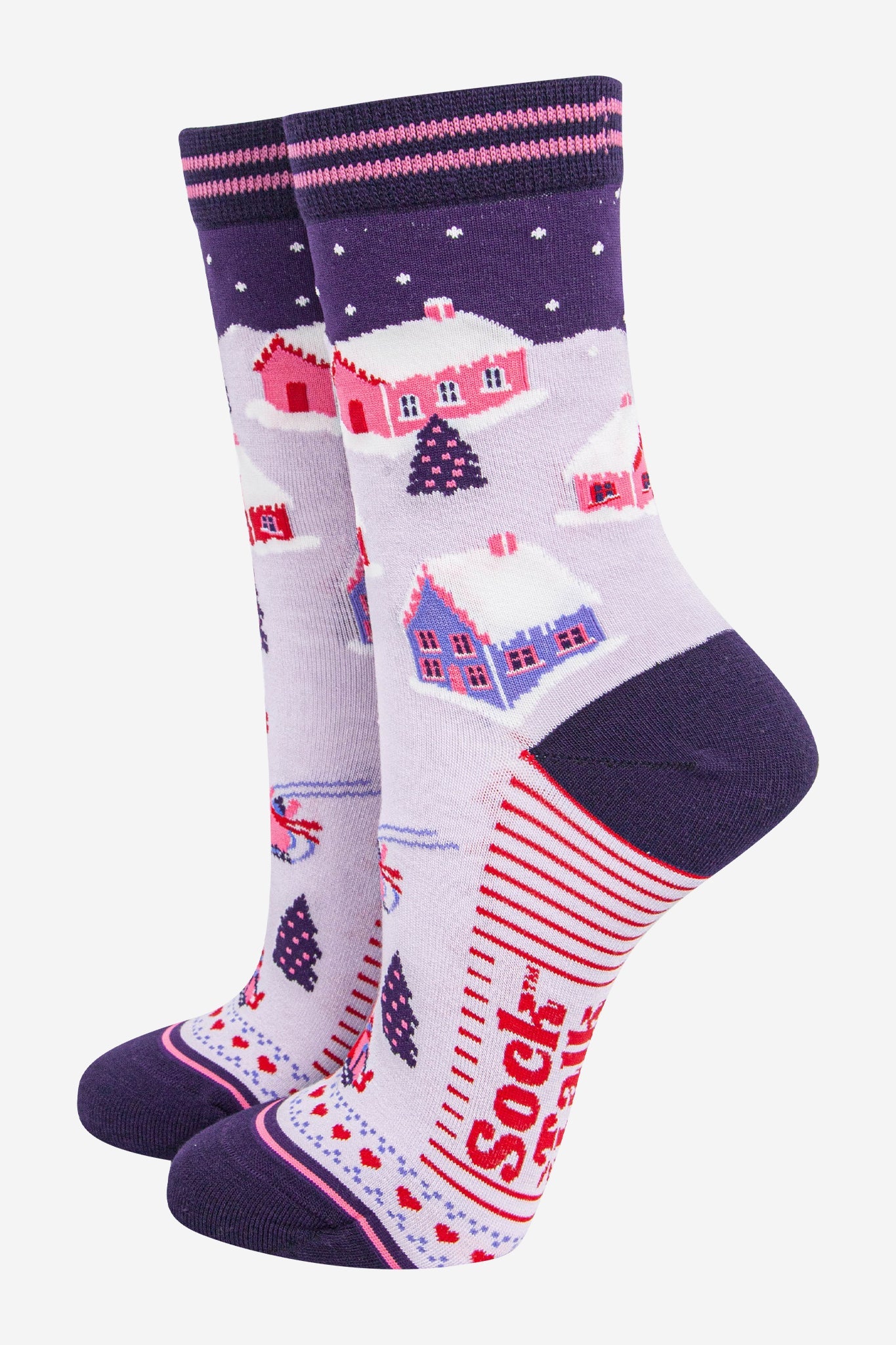 womens-bamboo-socks-navy-blue-winter-village-christmas-snow