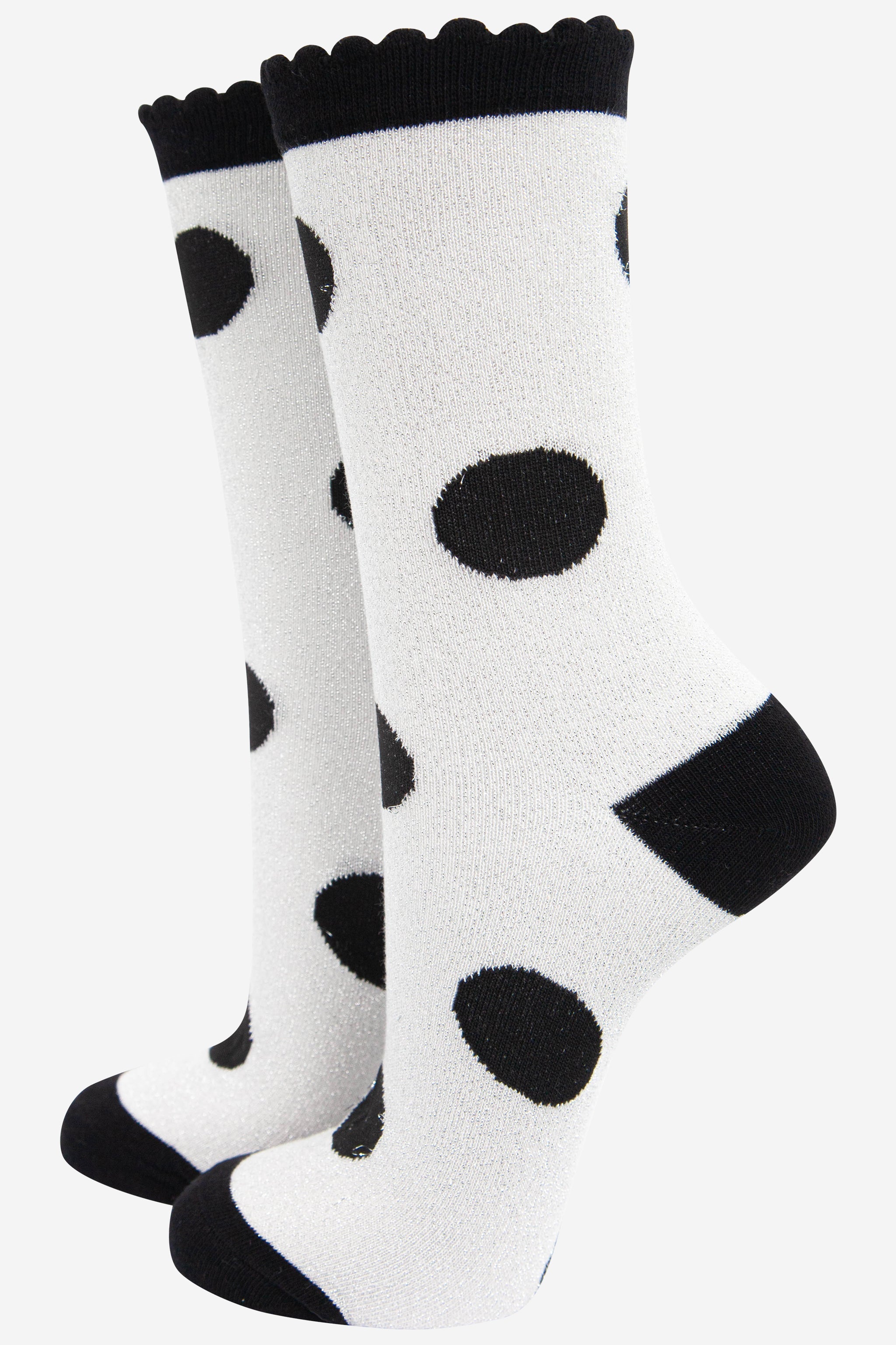 light grey and black polka dot glitter ankle socks with a black scalloped top and an all over glitter sparkle