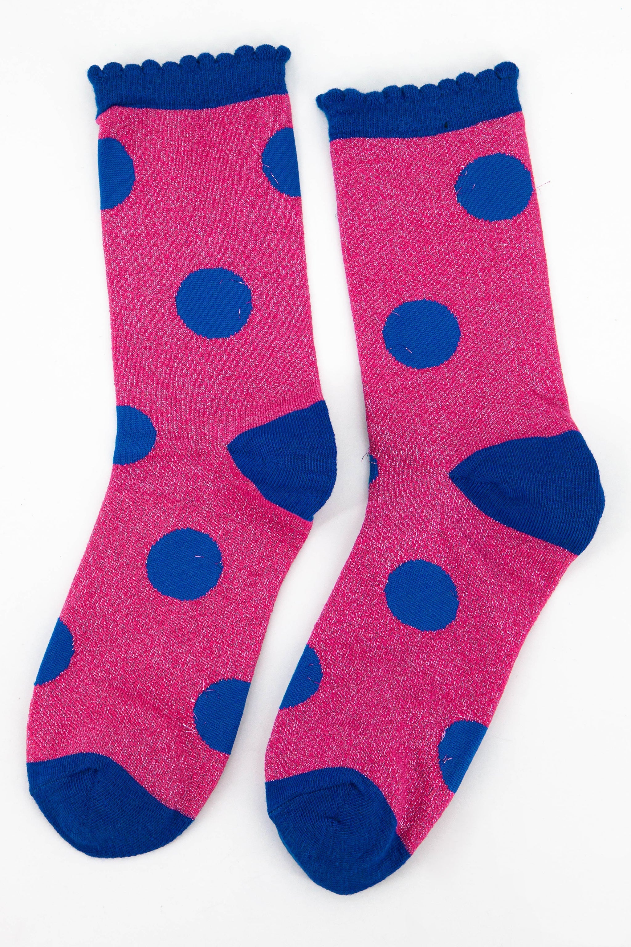 pink and blue polka dot glitter ankle socks with an all over sparkle