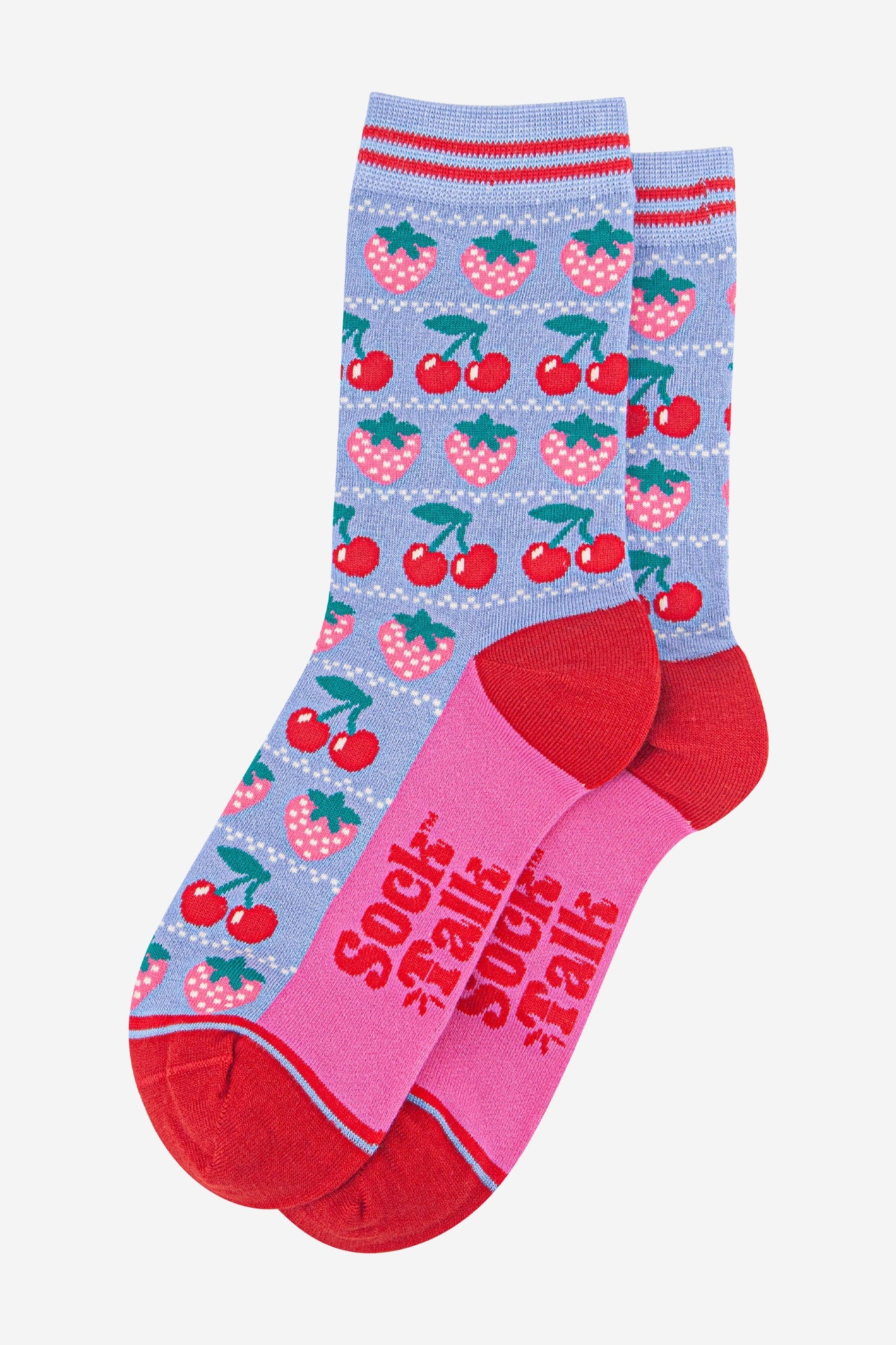 womens-bamboo-socks-light-blue-red-strawberries-laying-flat