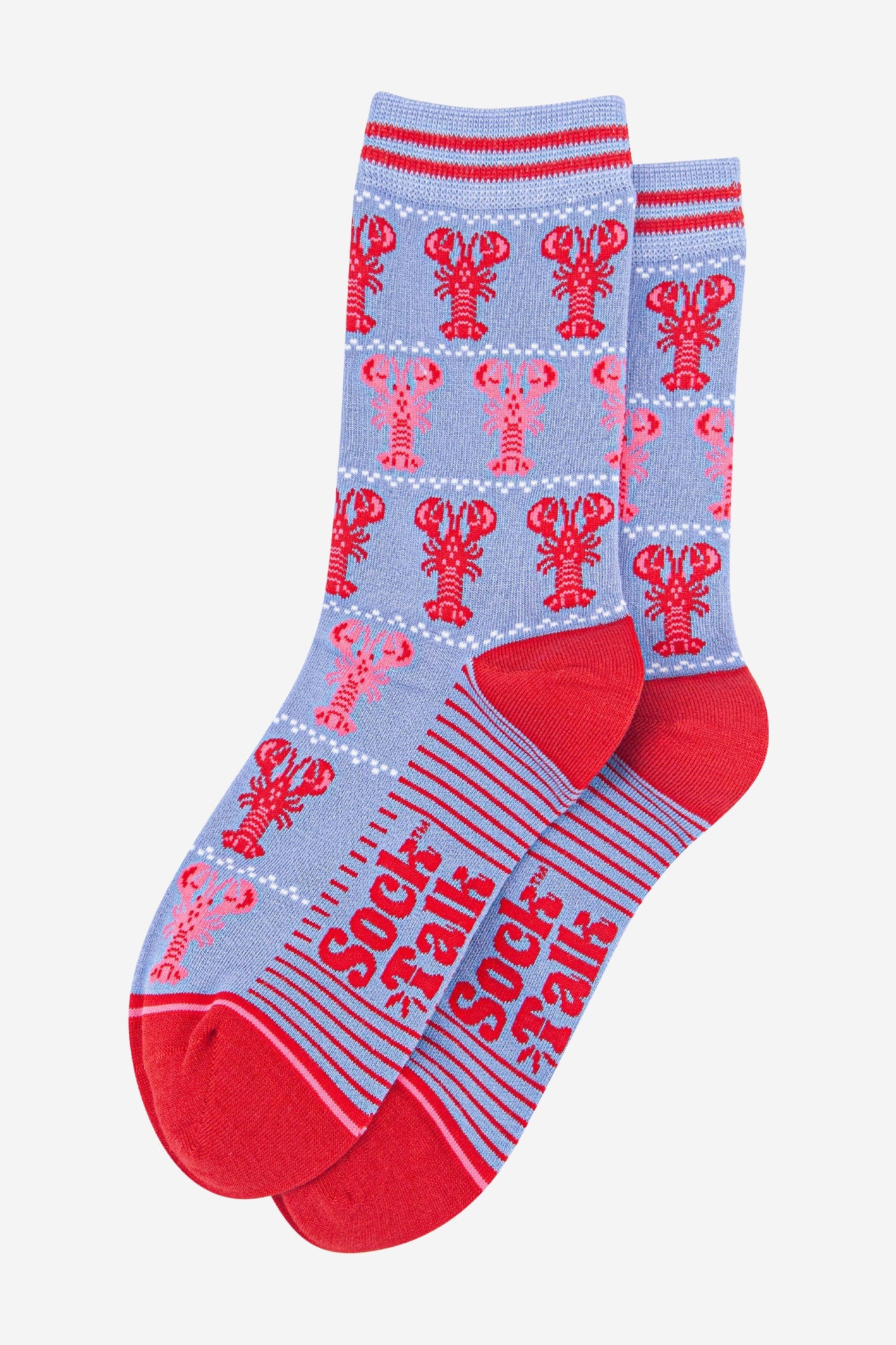 womens-bamboo-socks-light-blue-red-lobsters-laying-flat