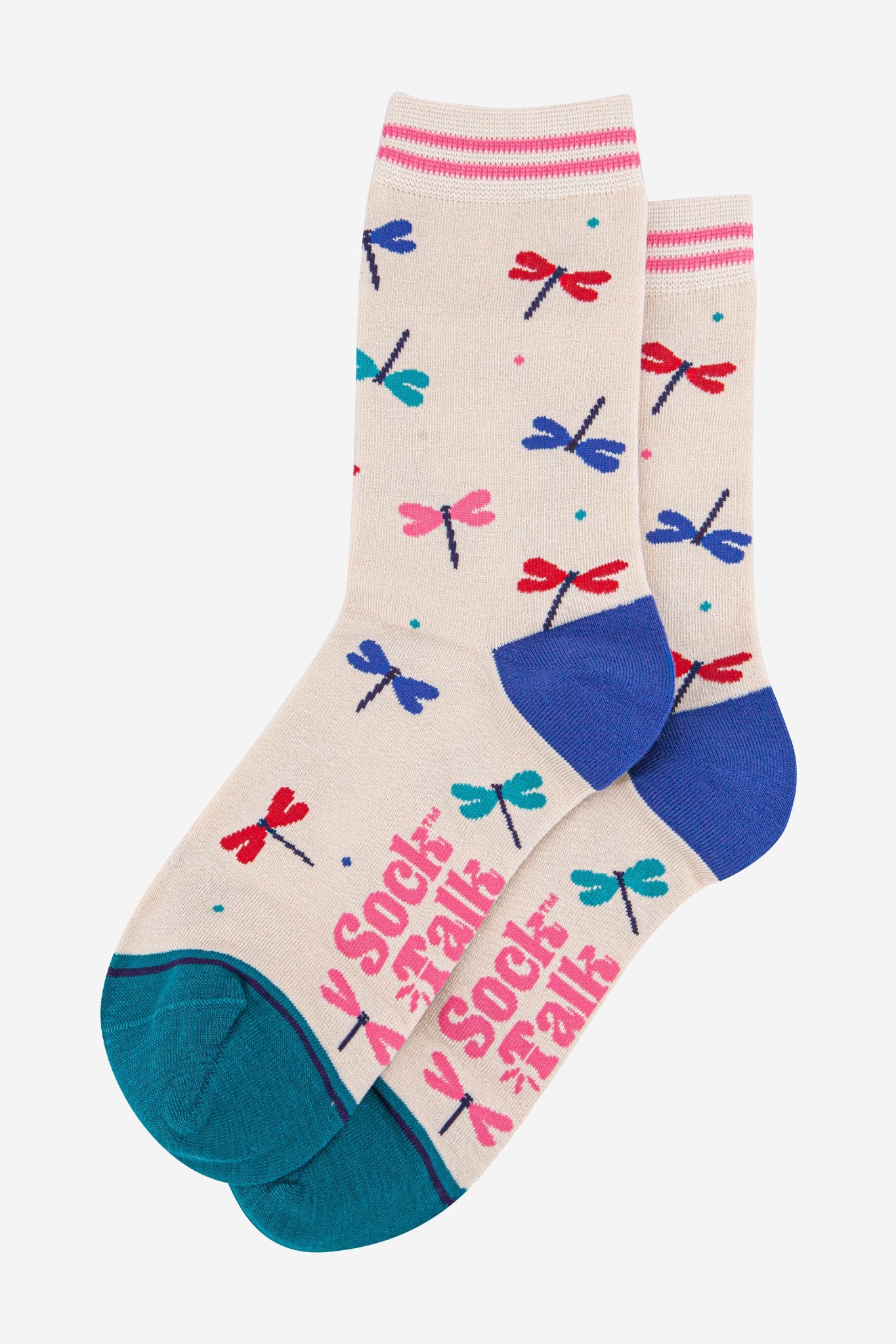 womens-bamboo-socks-cream-blue-dragonfly-laying-flat