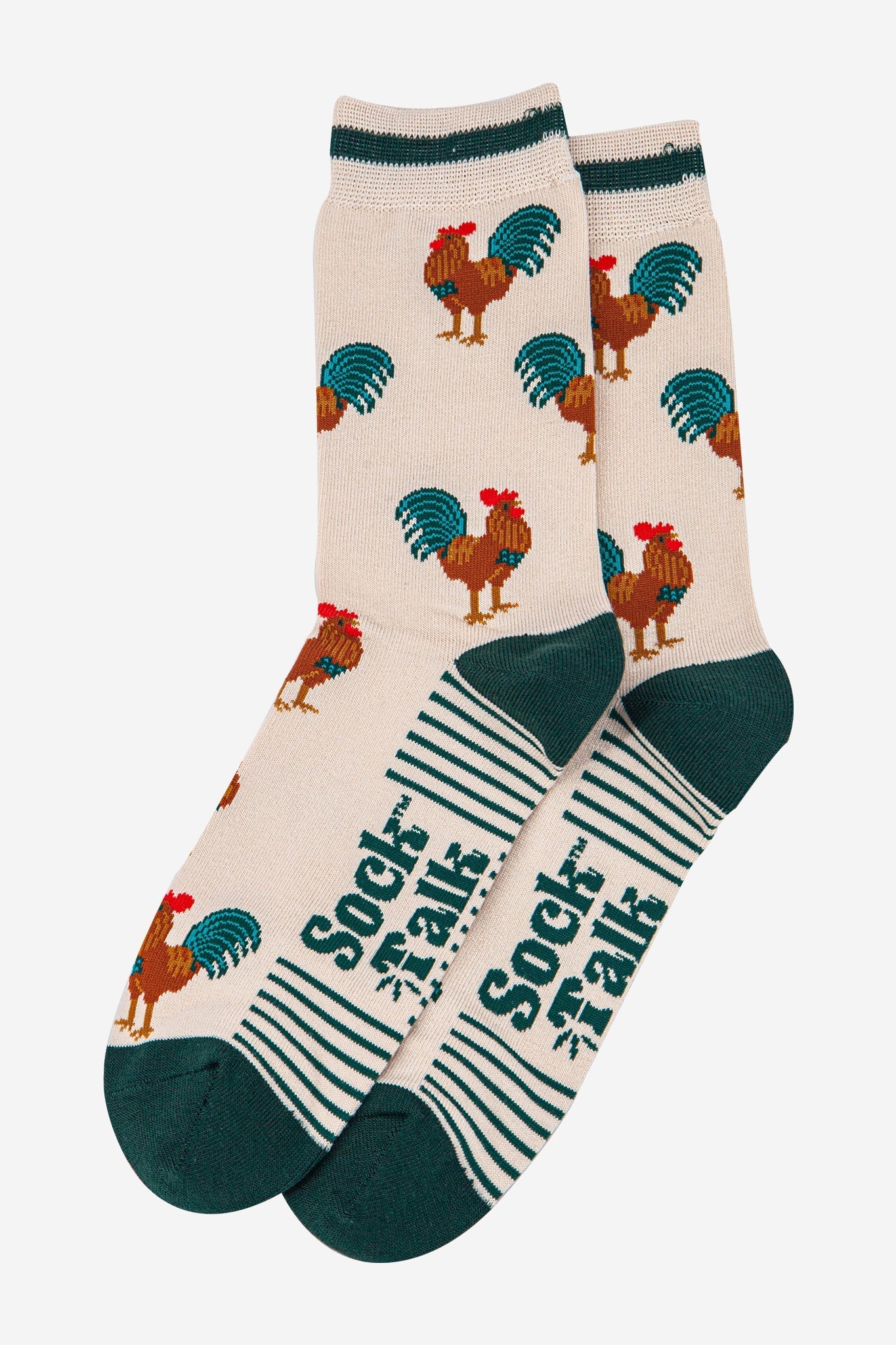 mens-bamboo-socks-cream-green-rooster-laying-flat