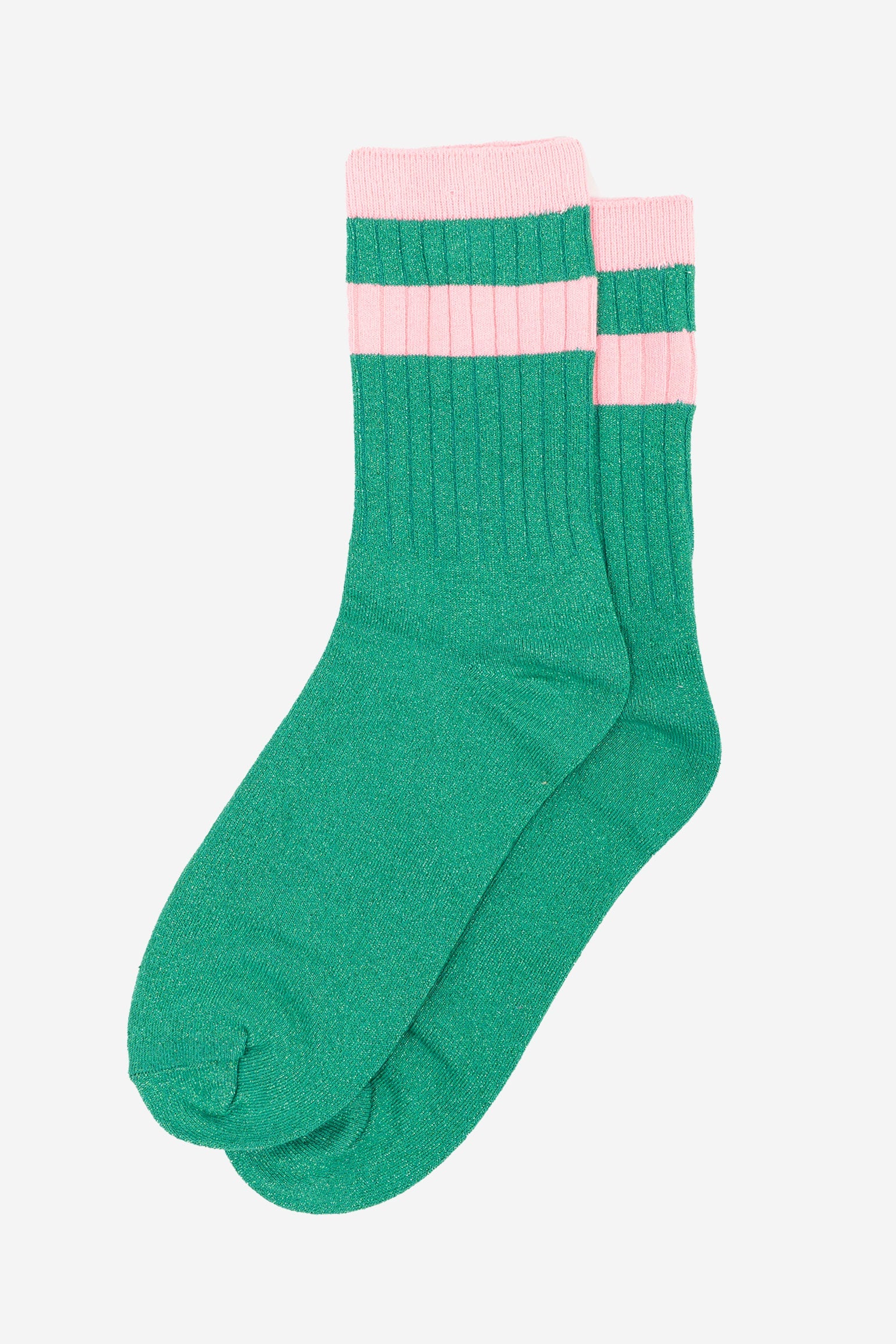 womens-glitter-socks-green-pink-striped-cuff-laying-flat-sparkly
