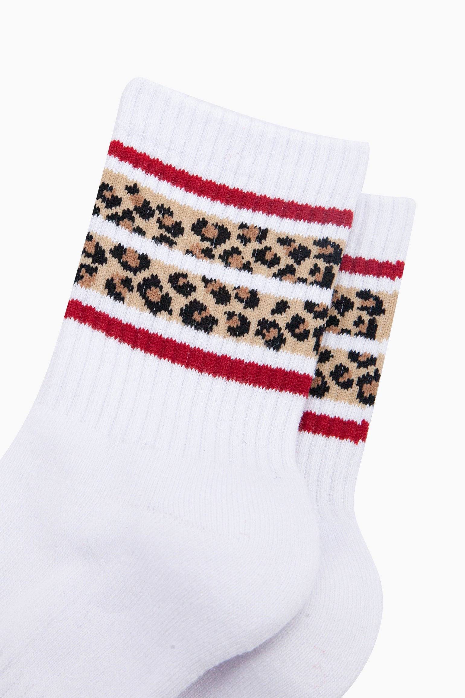 Leopard-Print-Striped-Combed-Cotton-Sports-Socks-in-White-Closeup