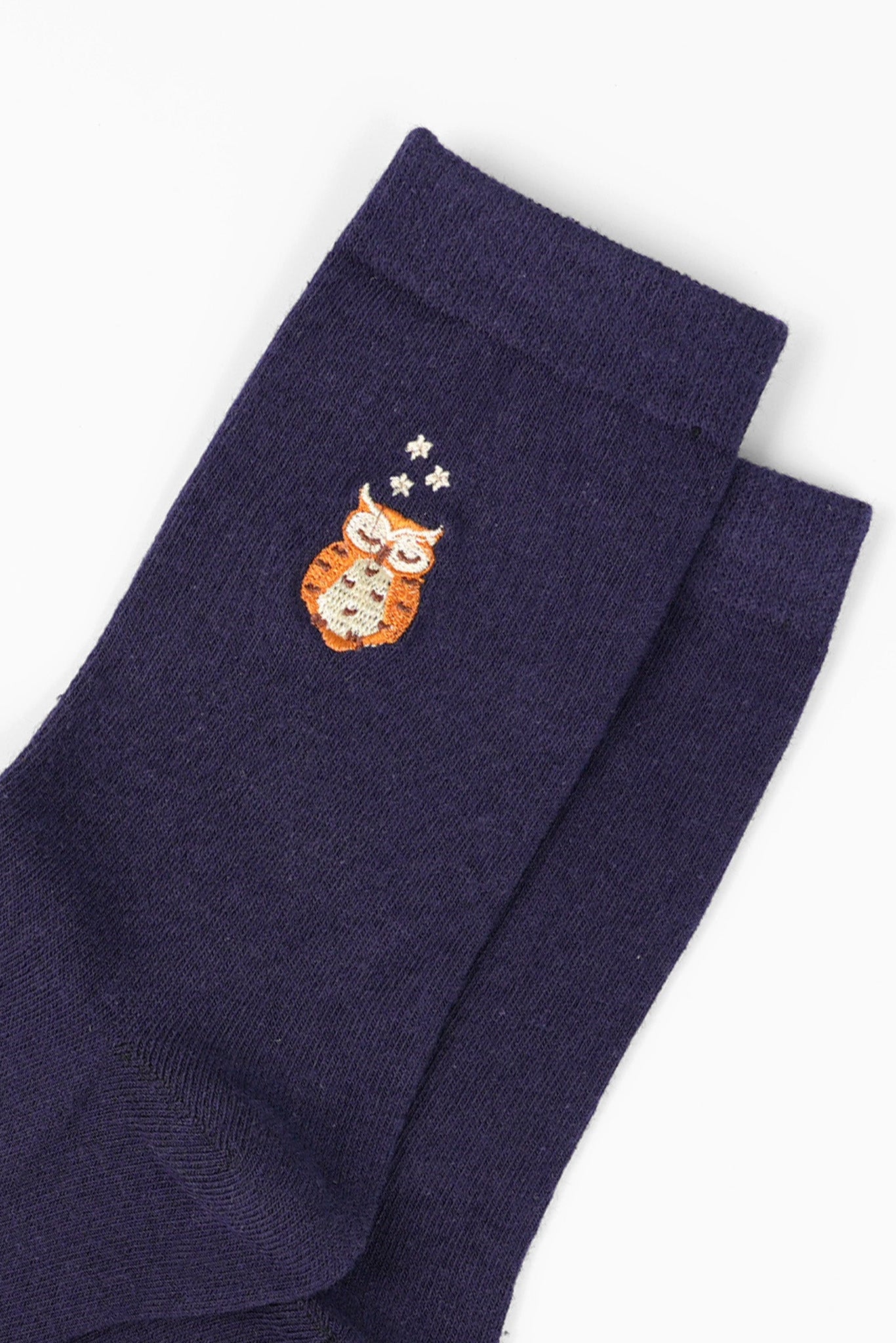 Women's Embroidered Ankle Socks- Navy Blue, Owl