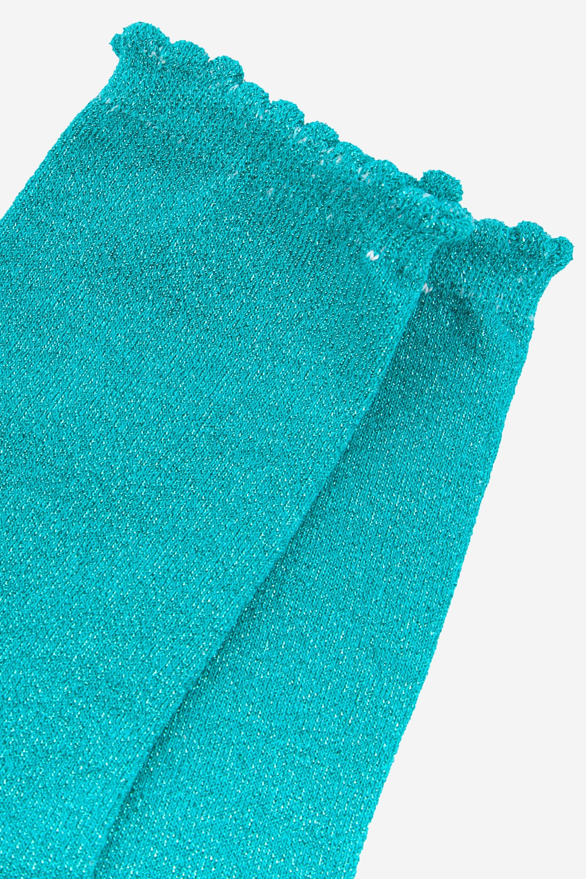 close up of the sparkly glitter material and scalloped cuff edges