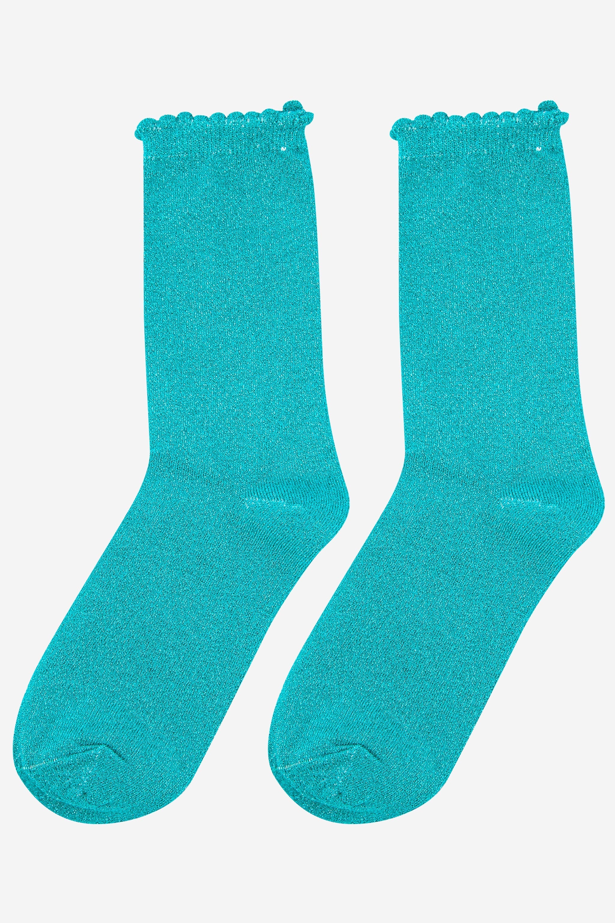 aqua blue sparkly glitter socks with scalloped cuffs and an all over shimmer