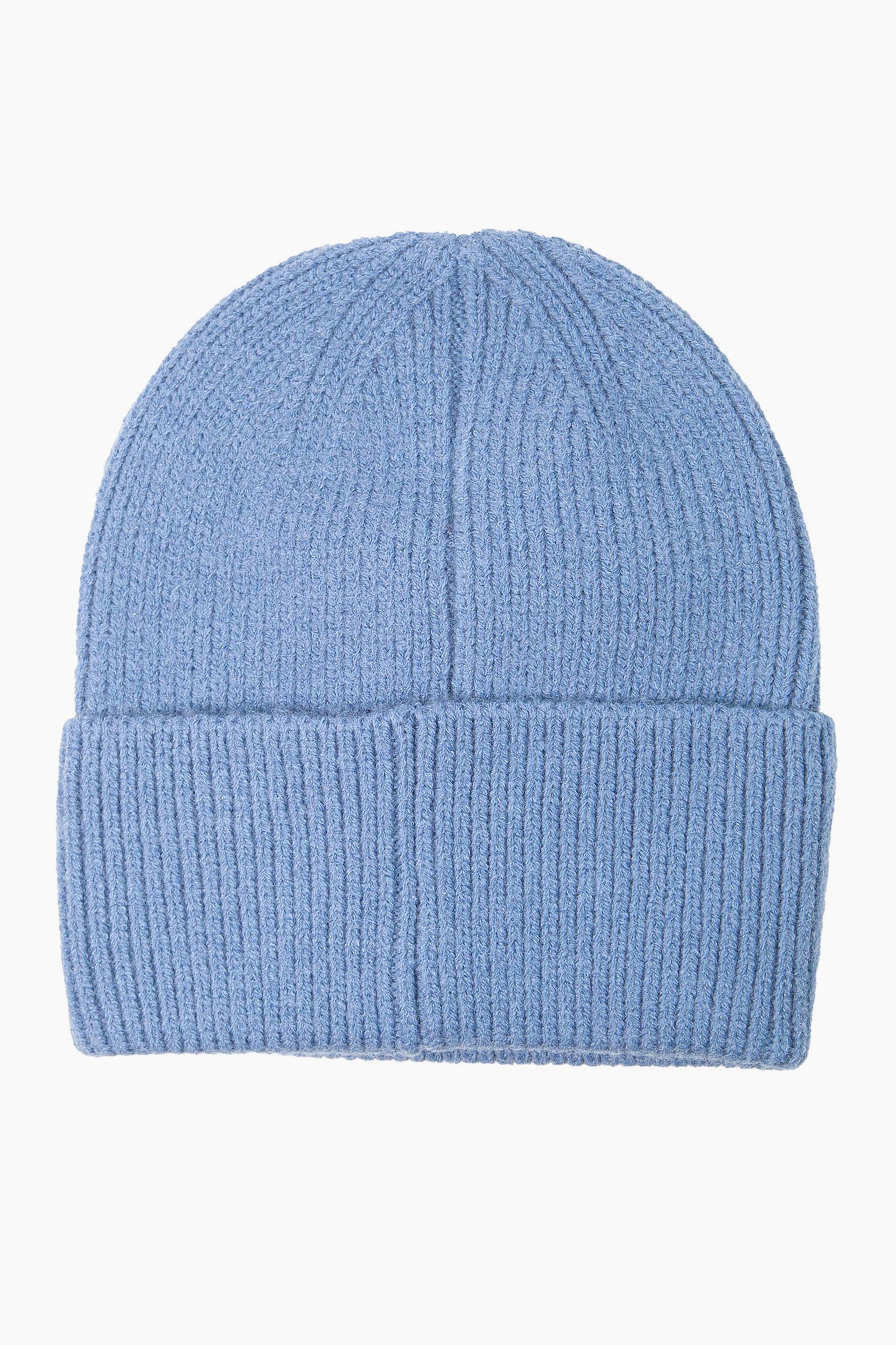 plain denim blue knitted beanie hat with a foldable brim