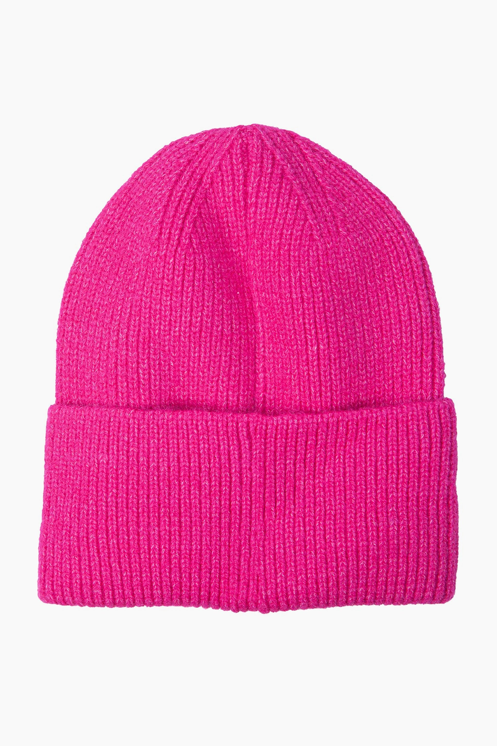 plain fuchsia pink knitted beanie hat with a foldable brim