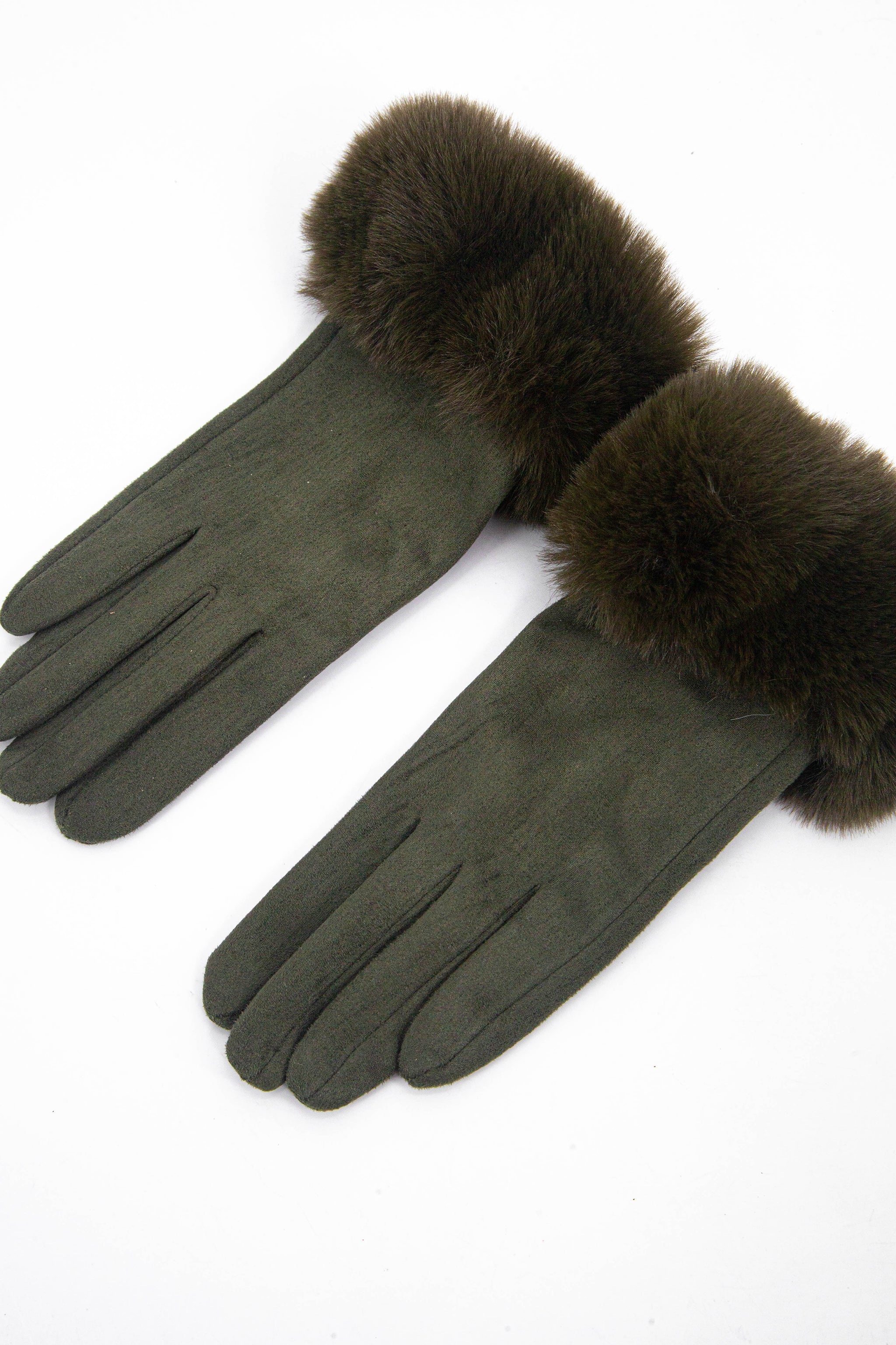 Zara Faux Fur Cuff Gloves - Khaki, Velvet
