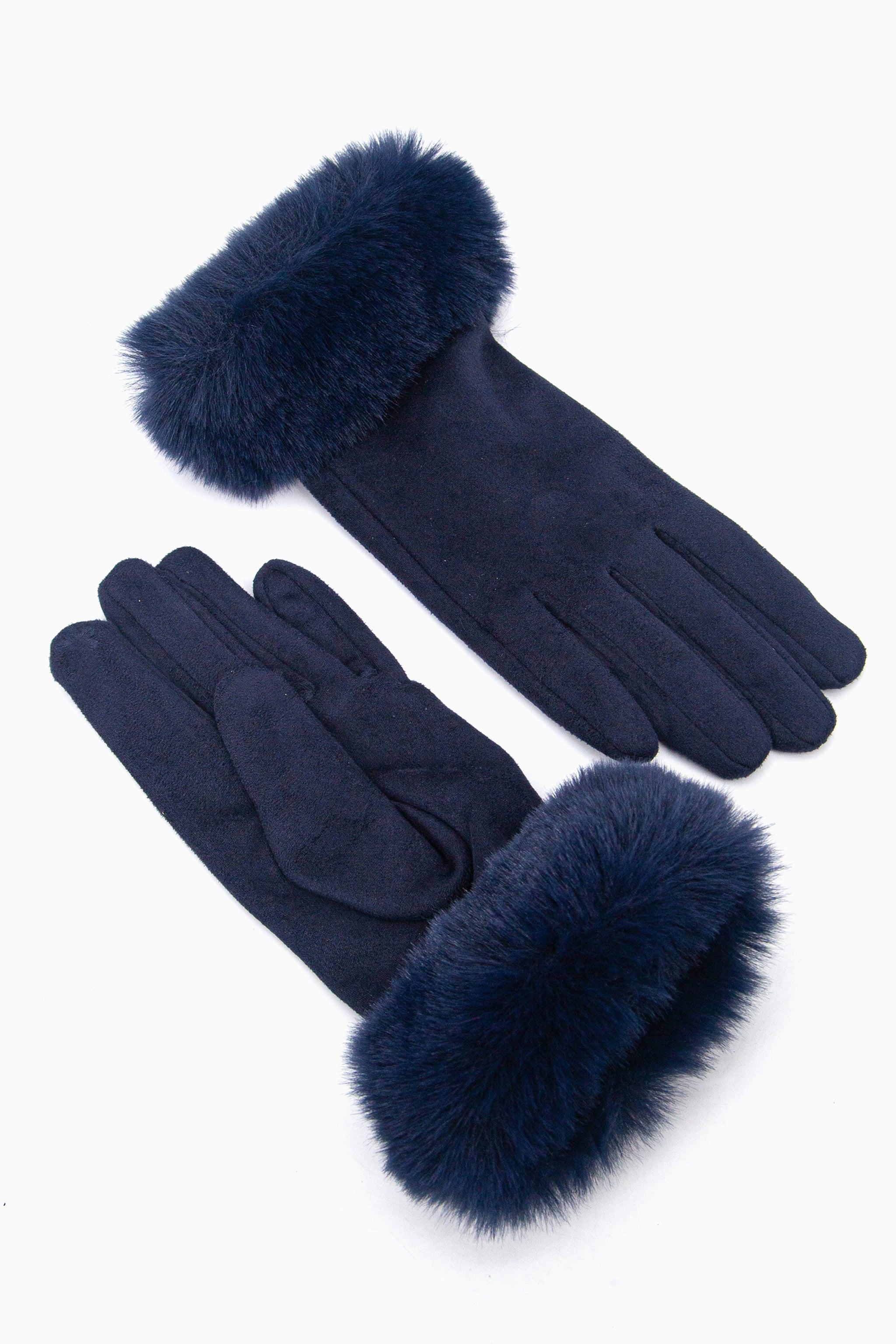 showing the palm and the back of the gloves, the inner index finger has an embroidered flower on the finger tip, this is to allow the wearer to use a touch screen device when wearing the gloves.