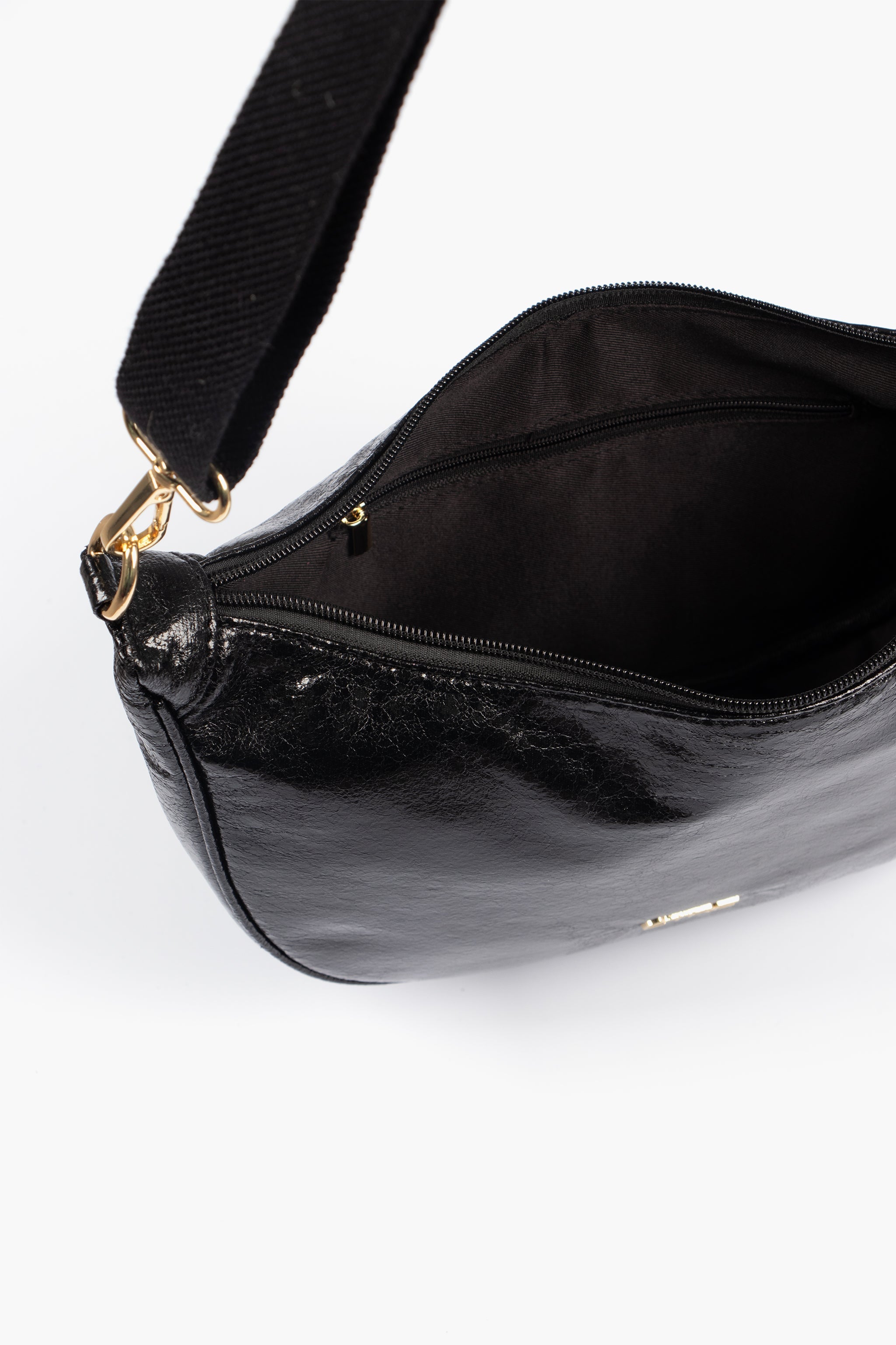Bellamy Half Moon Crossbody Bag - Metallic Black, Cracked Faux Leather